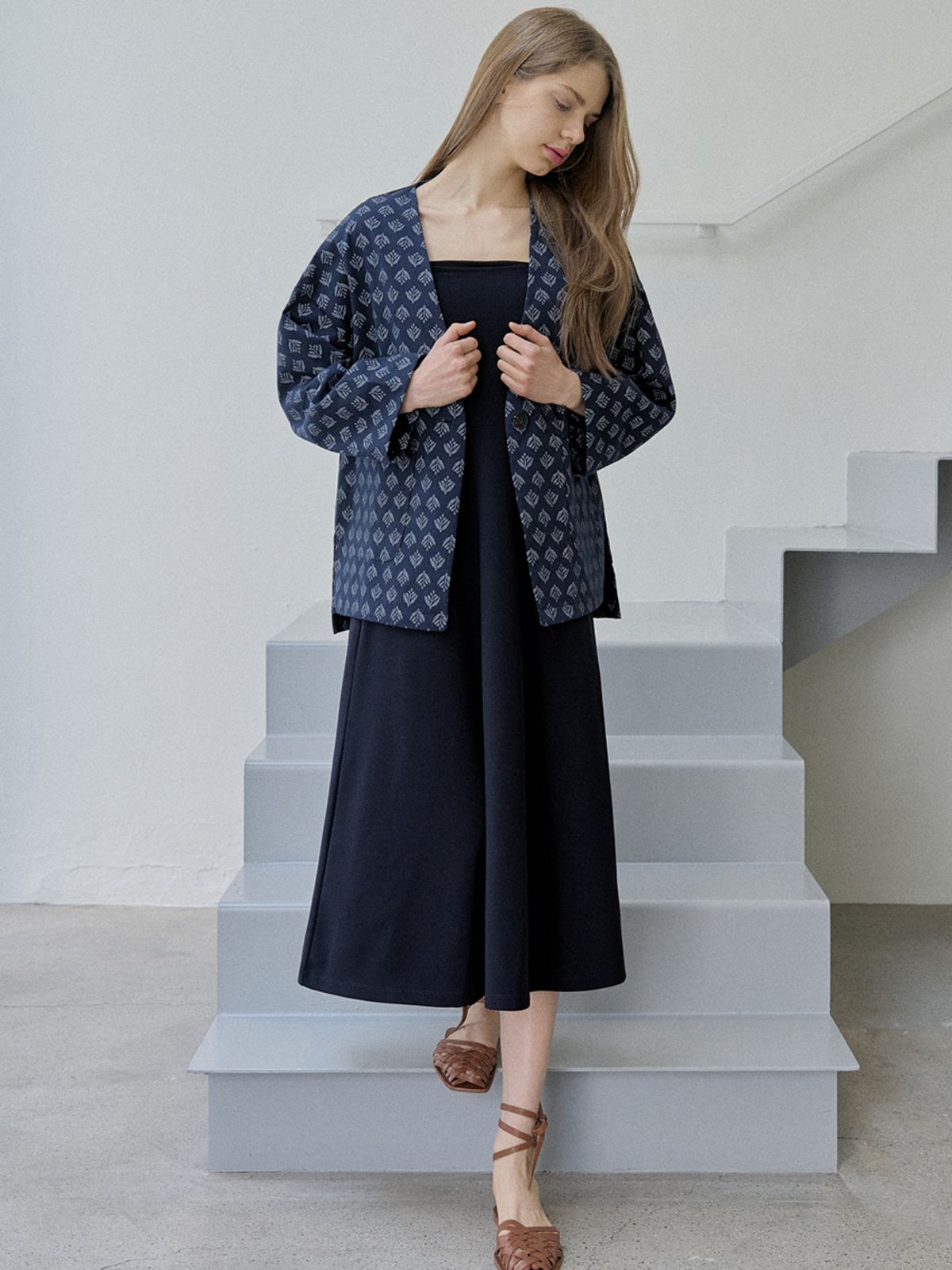 아방(AVANT-G) Navy Sleeveless A-line Long Dress - NAVY