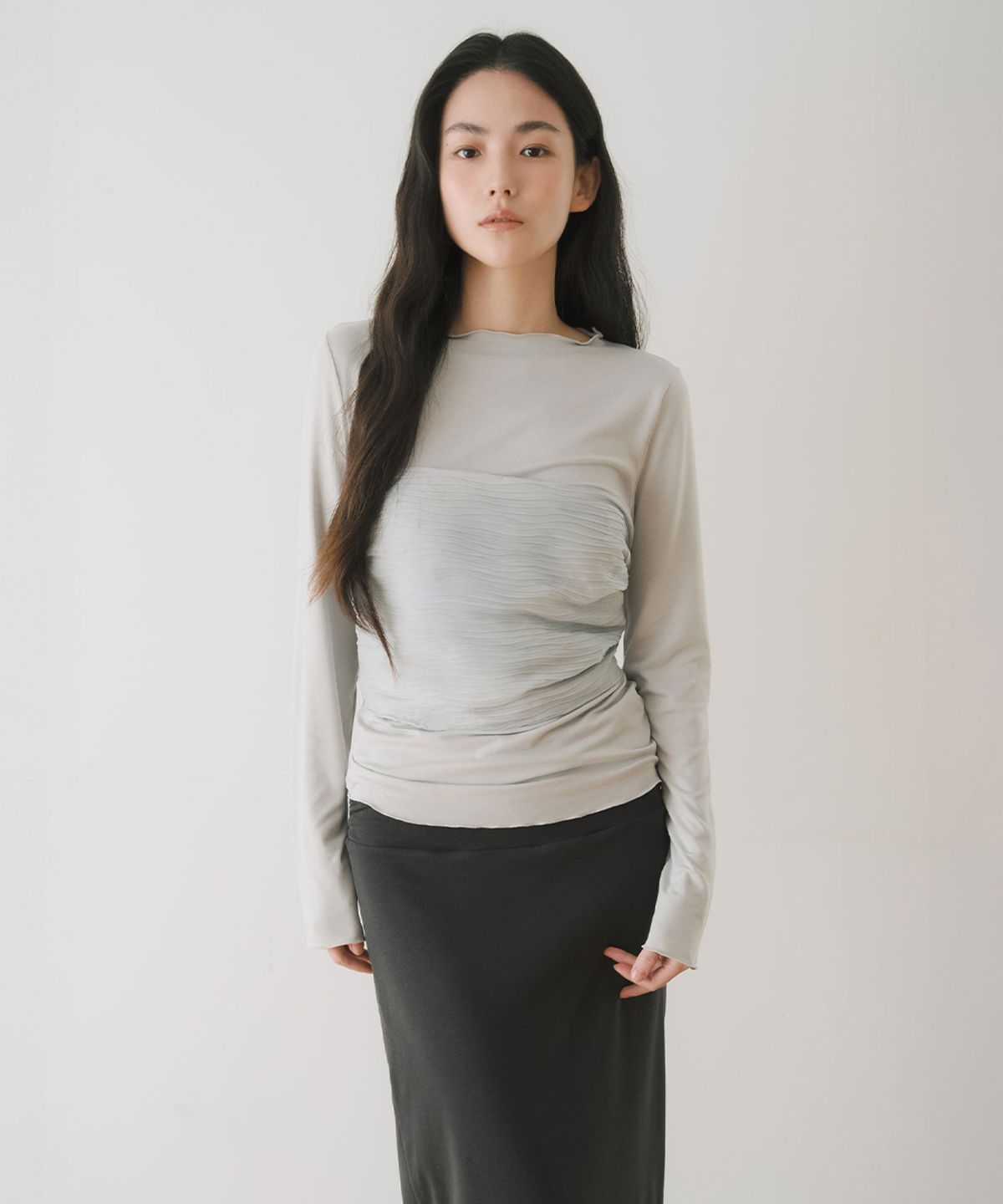이어닝(YEARNING) MOCK NECK LONG SLEEVE TOP, LIGHT GREY