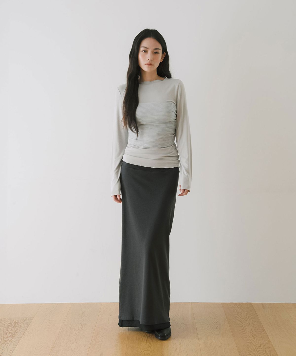 이어닝(YEARNING) MOCK NECK LONG SLEEVE TOP, LIGHT GREY