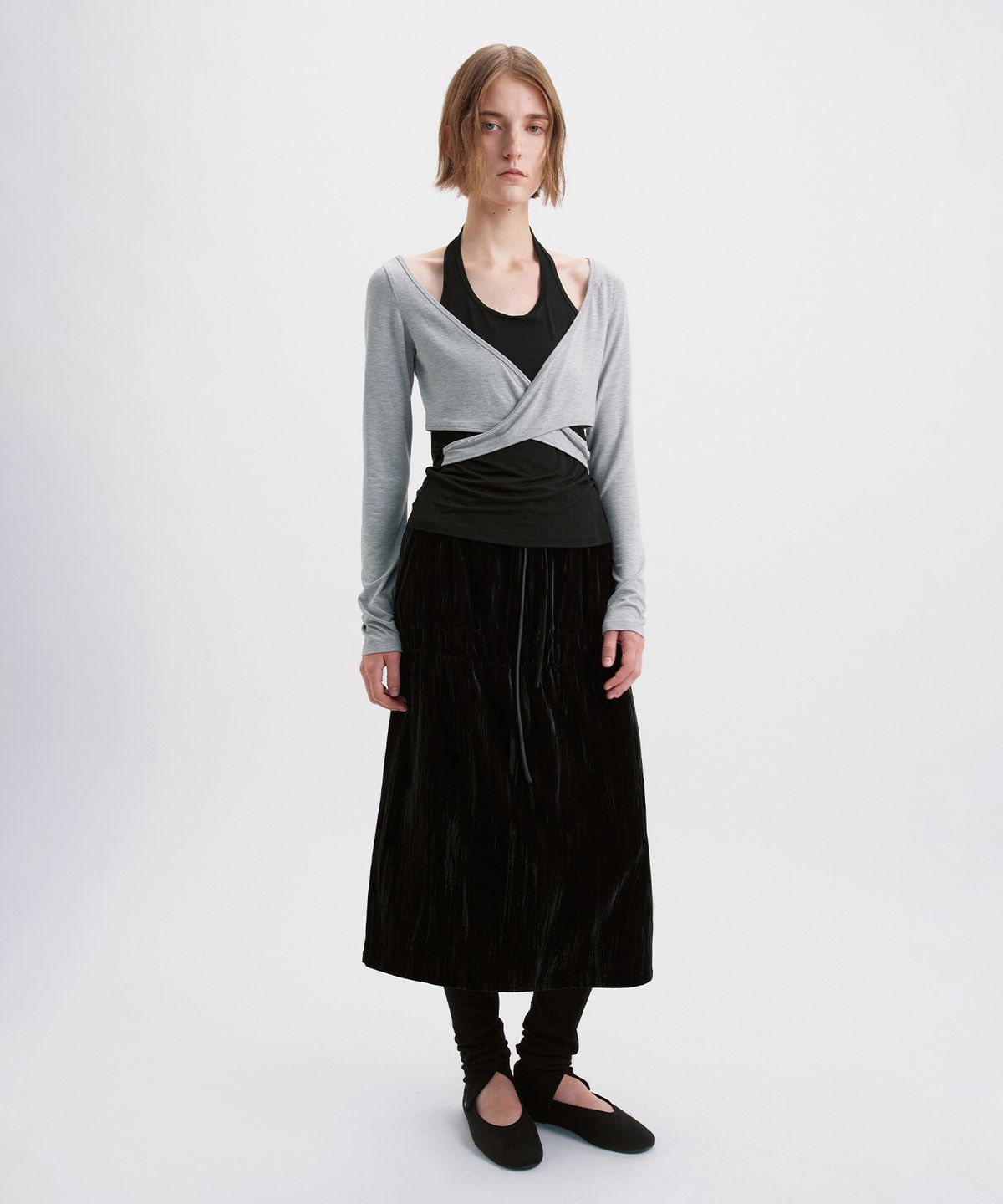 시메트릭 퍼센트(SYMMETRICPERCENT) Halter Layered X Wrap Top / Melange Grey