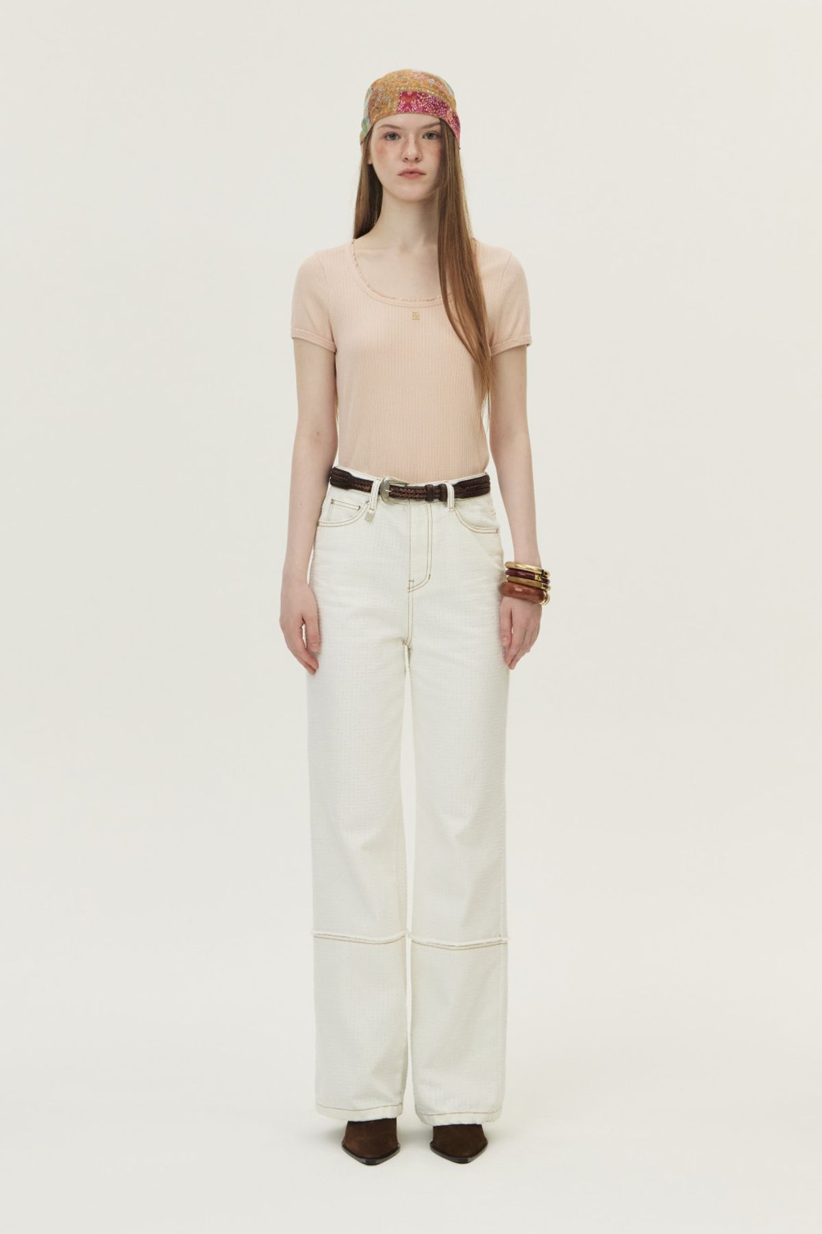 쿠메(KUMÉ) Pointelle Scoop Neck T-shirt, Pink