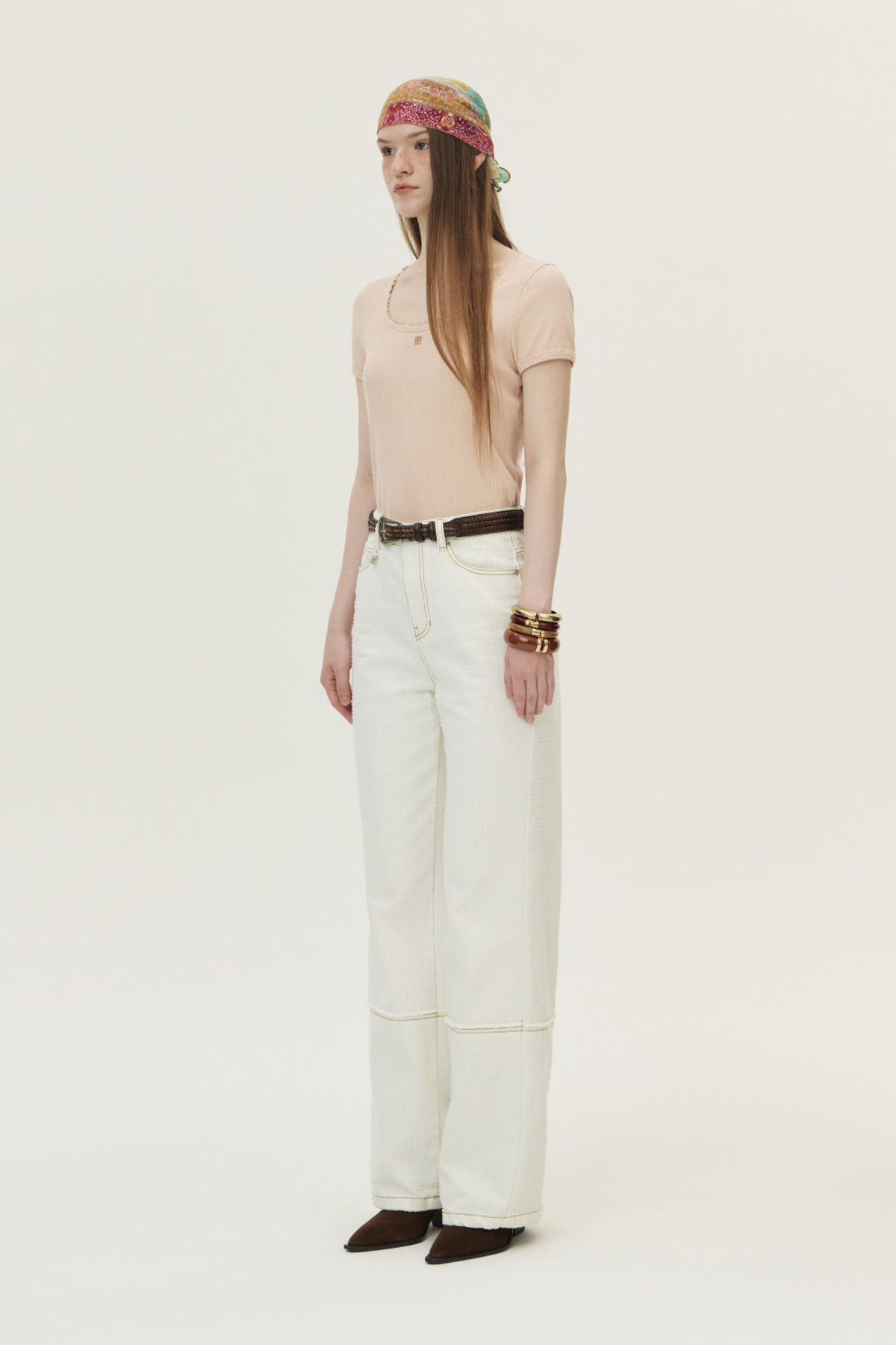 쿠메(KUMÉ) Pointelle Scoop Neck T-shirt, Pink