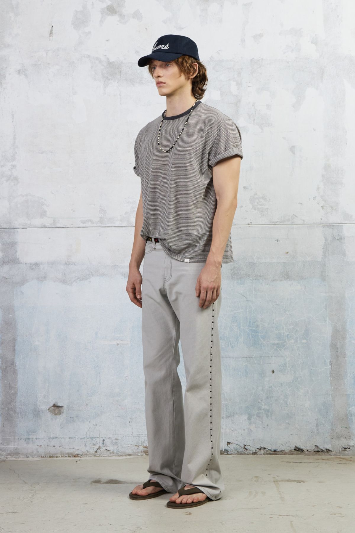 쿠메(KUMÉ) Men Essential Striped T-Shirt, Gray