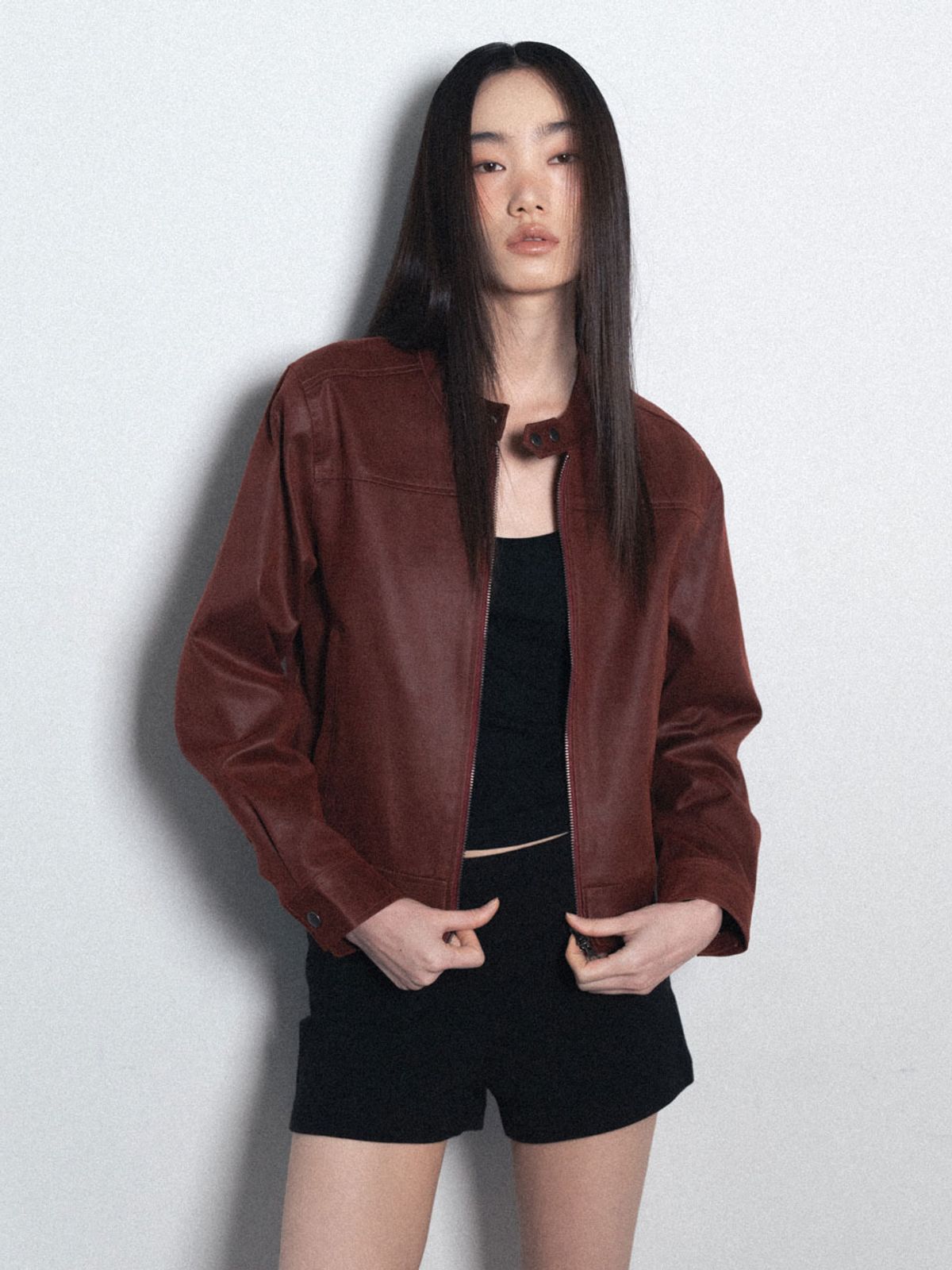 비수스(VISUS) Crack Leather Biker Jacket_Burgundy
