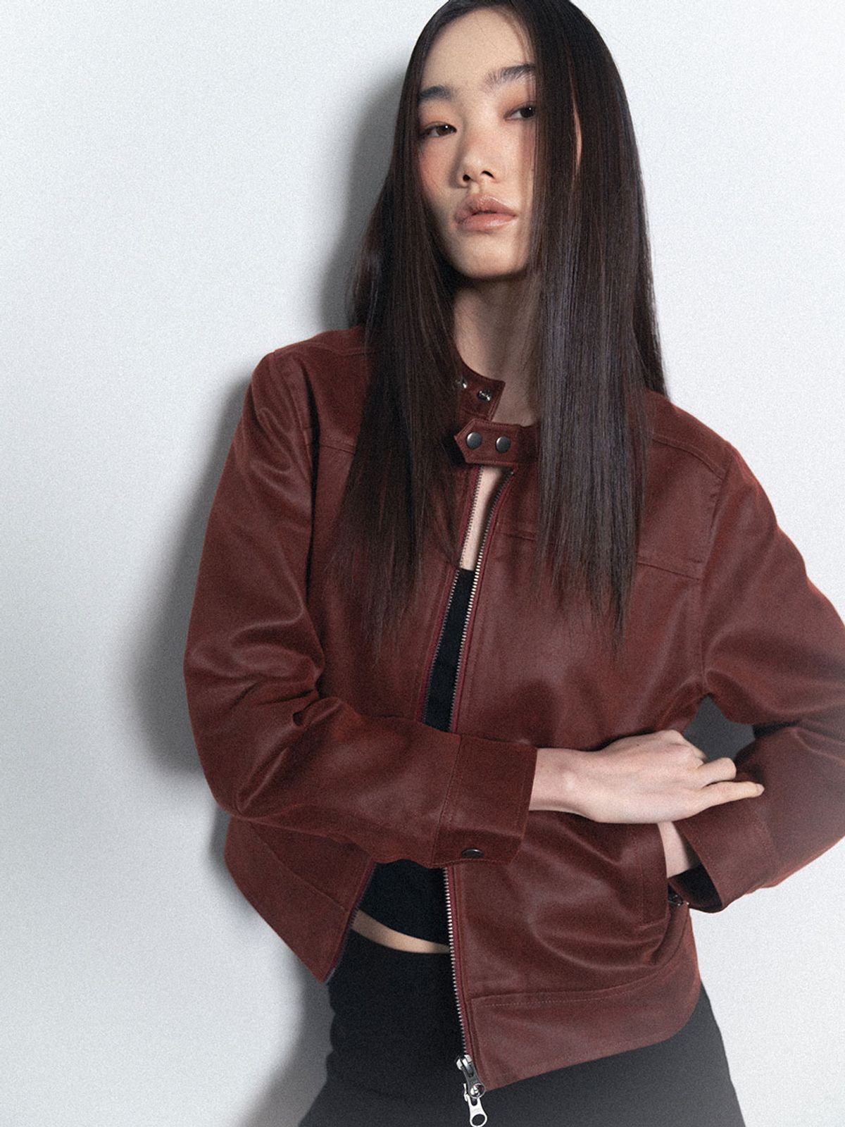 비수스(VISUS) Crack Leather Biker Jacket_Burgundy