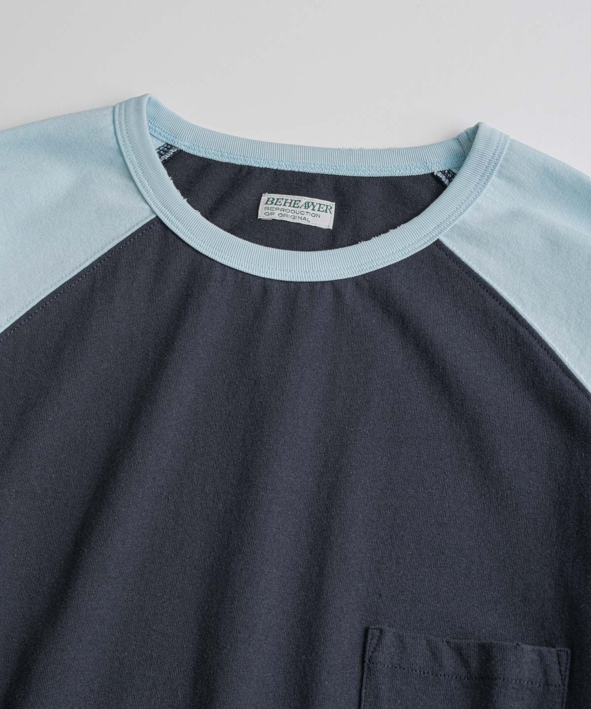 비헤비어(BEHEAVYER) DISTRESSED BASEBALL L/S SHIRTS navy/l.blue