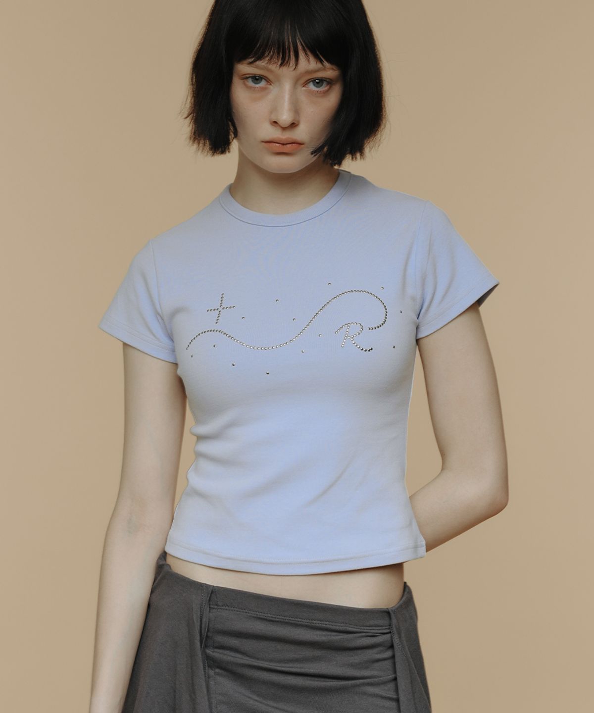 로맨티누어(ROMANTINUER) Signature R Wave Crop Cotton T-Shirt (Blue Lavender)