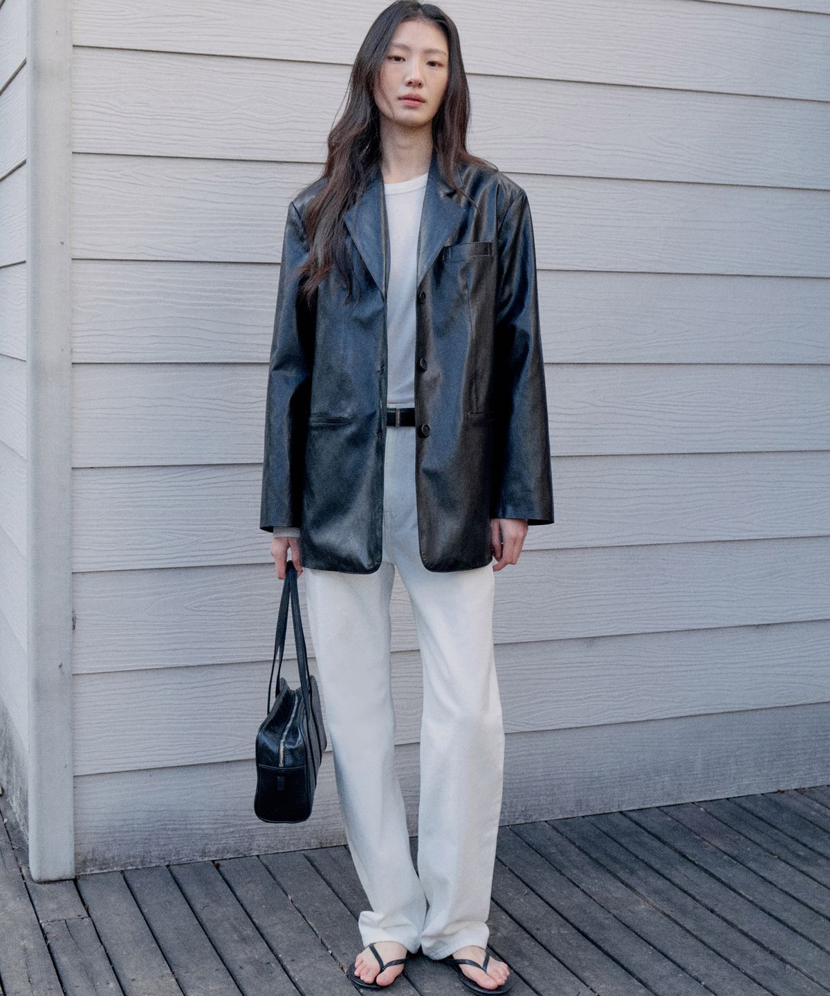 스텝어라운드(STEP AROUND) Oversized faux leather jacket_BLACK