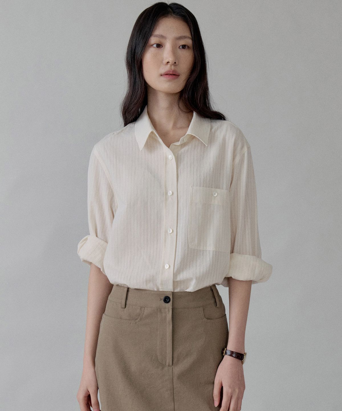 스텝어라운드(STEP AROUND) Soft Sheer Stripe Shirt_IVORY