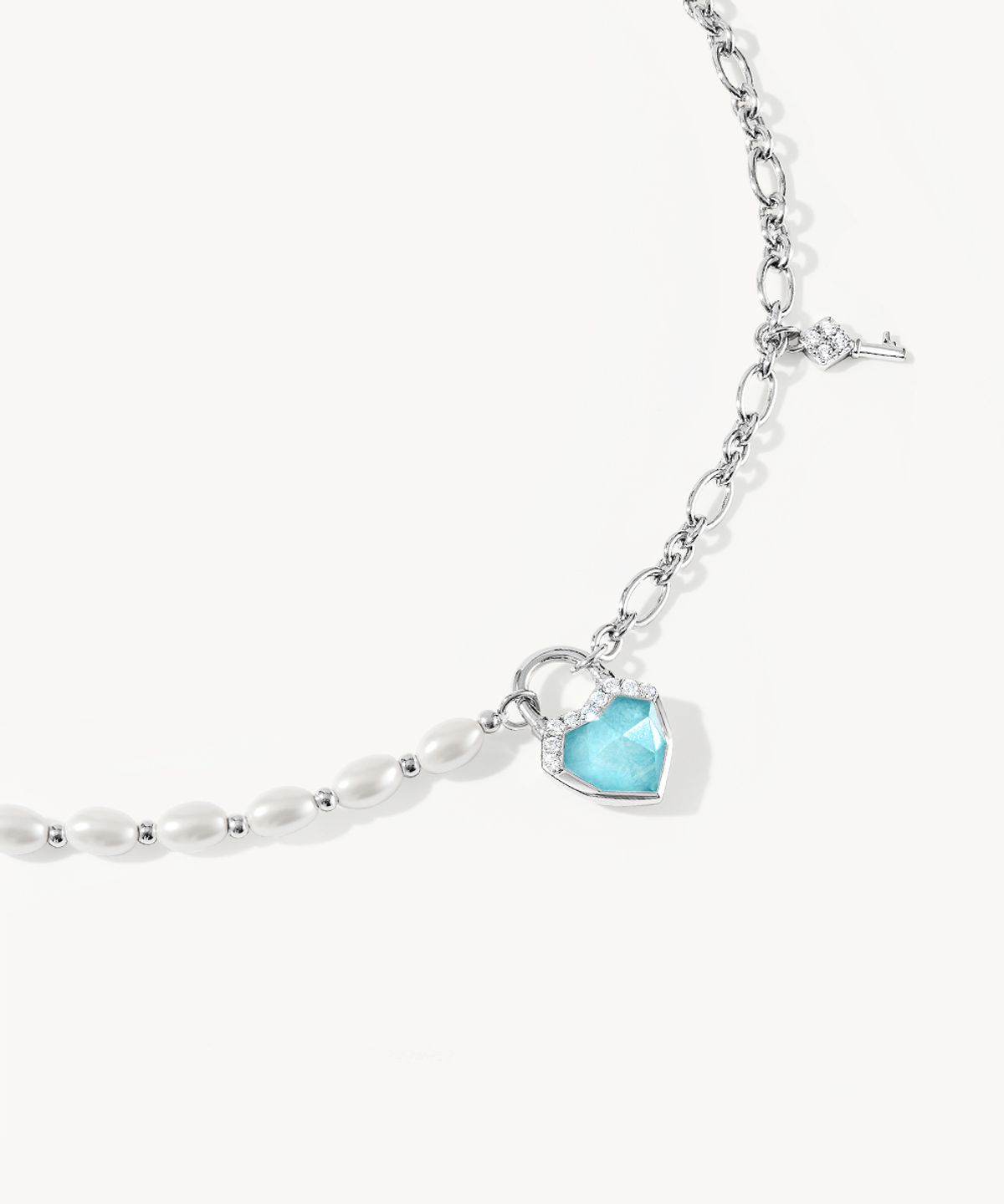 롤라로즈(LOLA ROSE) Heart Lock 아마조나이트 펜던트 실버체인 진주목걸이