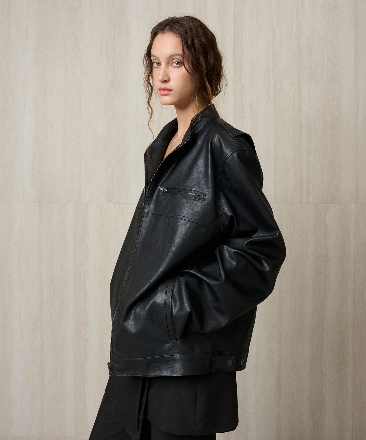 리이 맨(RERHEE MEN) FAUX LEATHER BIKER JACKET BLACK
