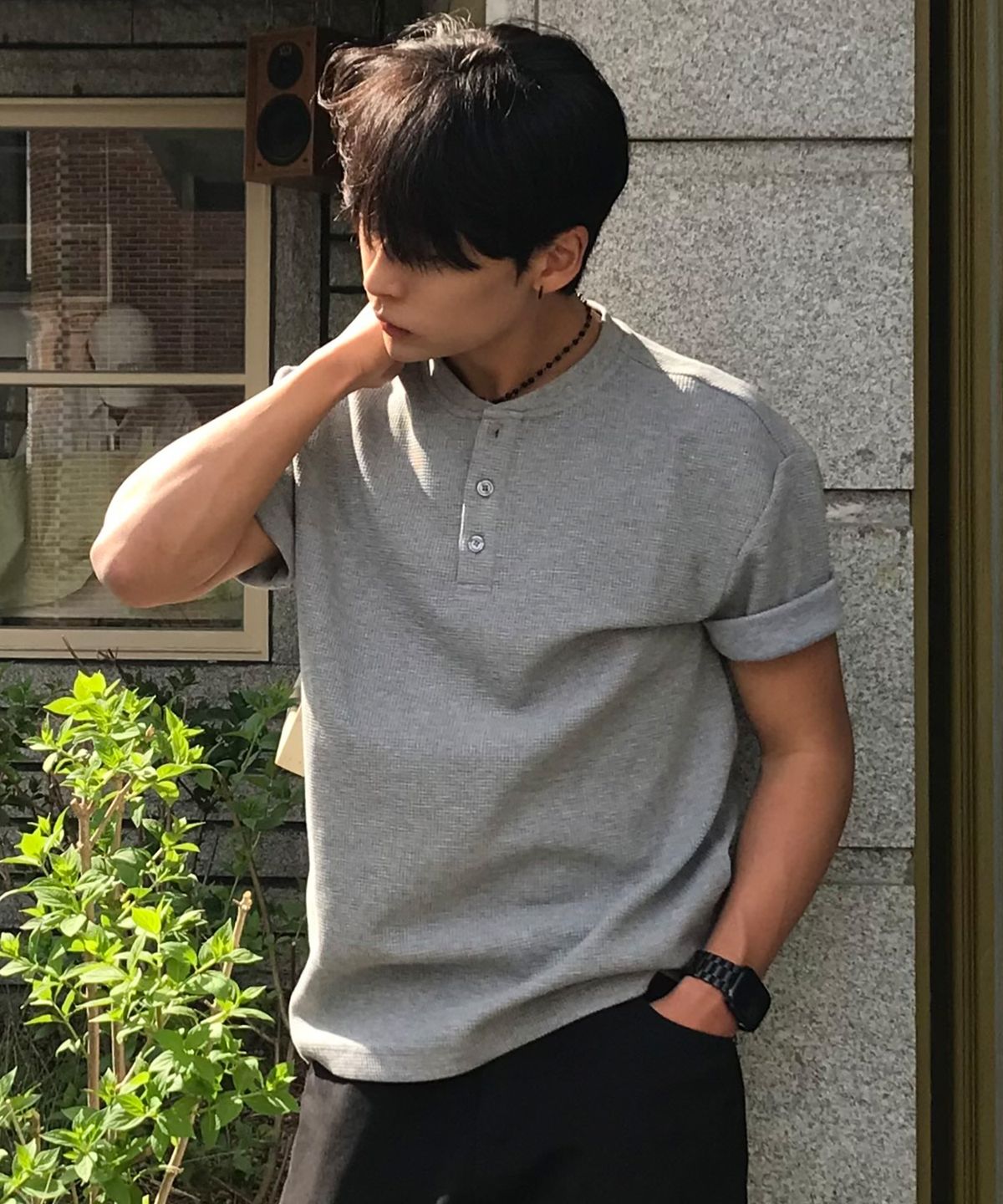 마인드브릿지(MINDBRIDGE) 와플 헨리넥 데일리 반팔 티셔츠 - 3color