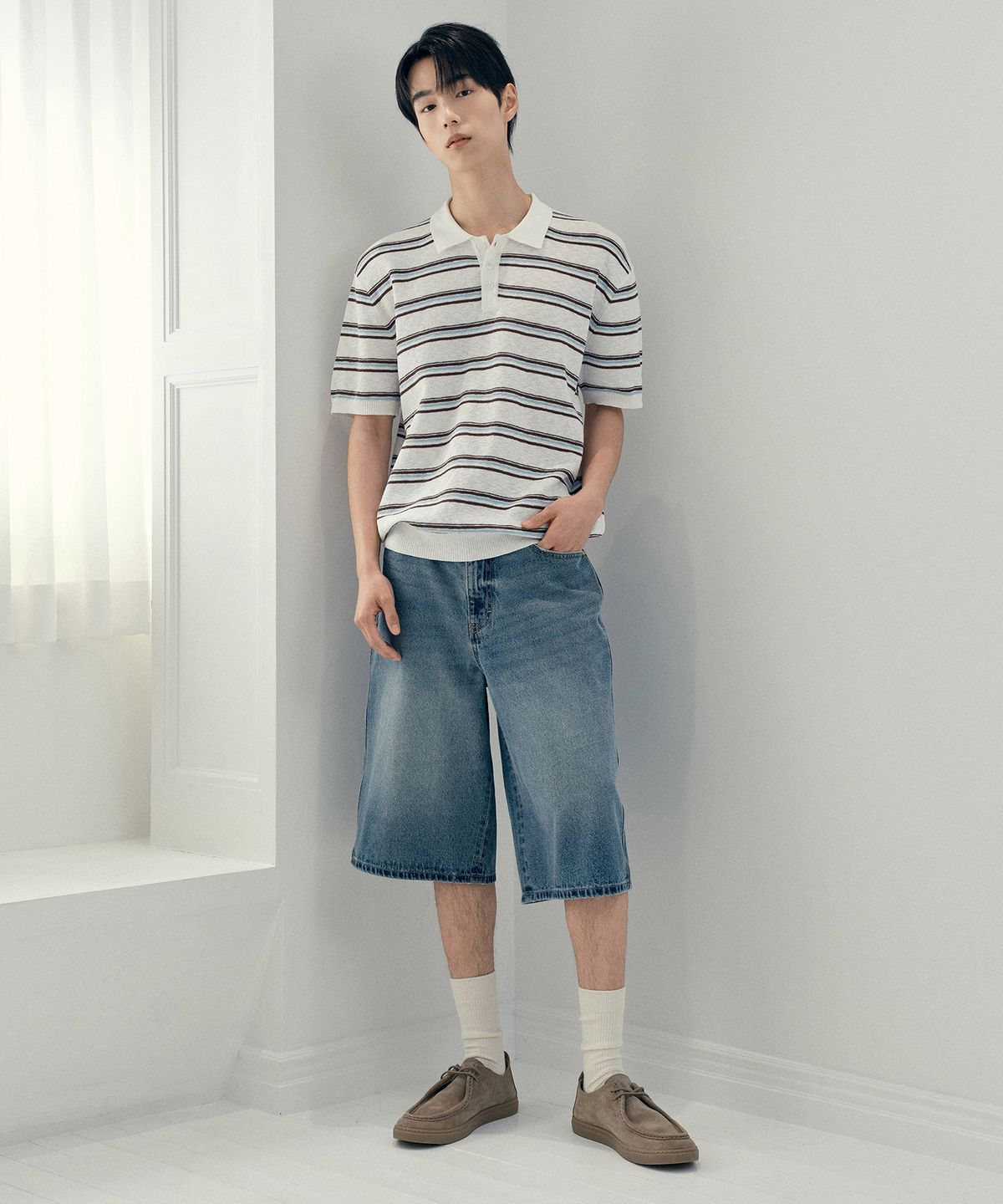 마인드브릿지(MINDBRIDGE) [COUTURE]워셔블 멀티 스트라이프 카라 반팔 니트 - 2color