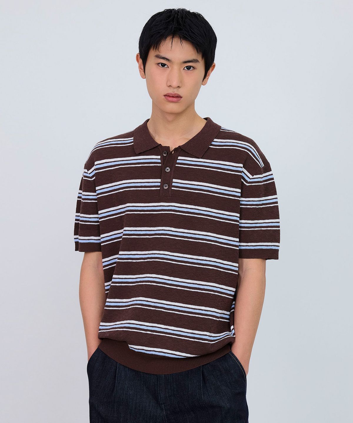 마인드브릿지(MINDBRIDGE) [COUTURE]워셔블 멀티 스트라이프 카라 반팔 니트 - 2color