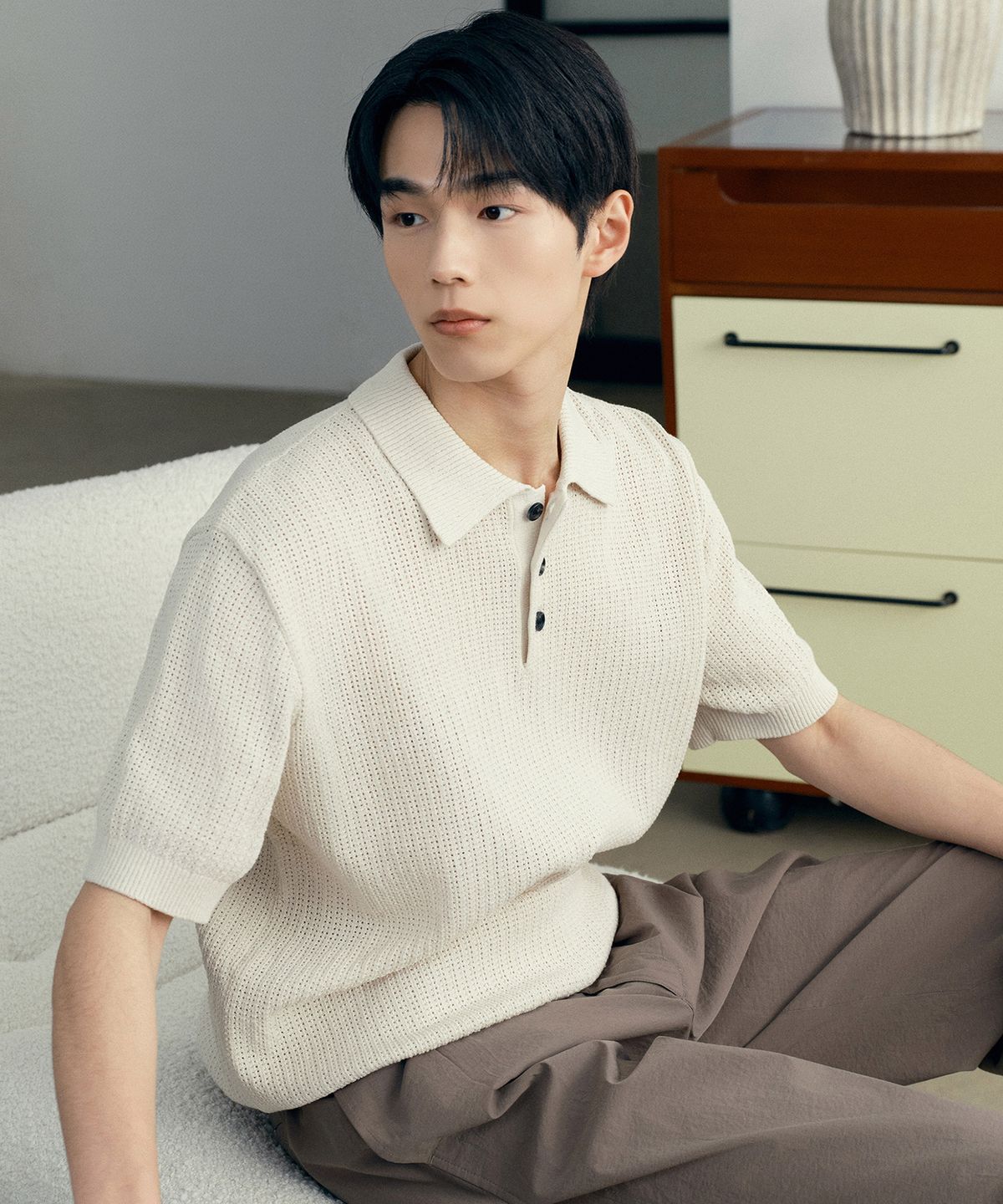 마인드브릿지(MINDBRIDGE) [COUTURE]워셔블 크로셰 카라 세미 오버핏 반팔 니트 - 2color