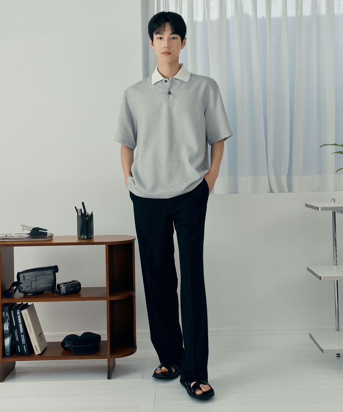 마인드브릿지(MINDBRIDGE) [COUTURE]카라 포인트 풀오버 그레이 오버핏 반팔 셔츠