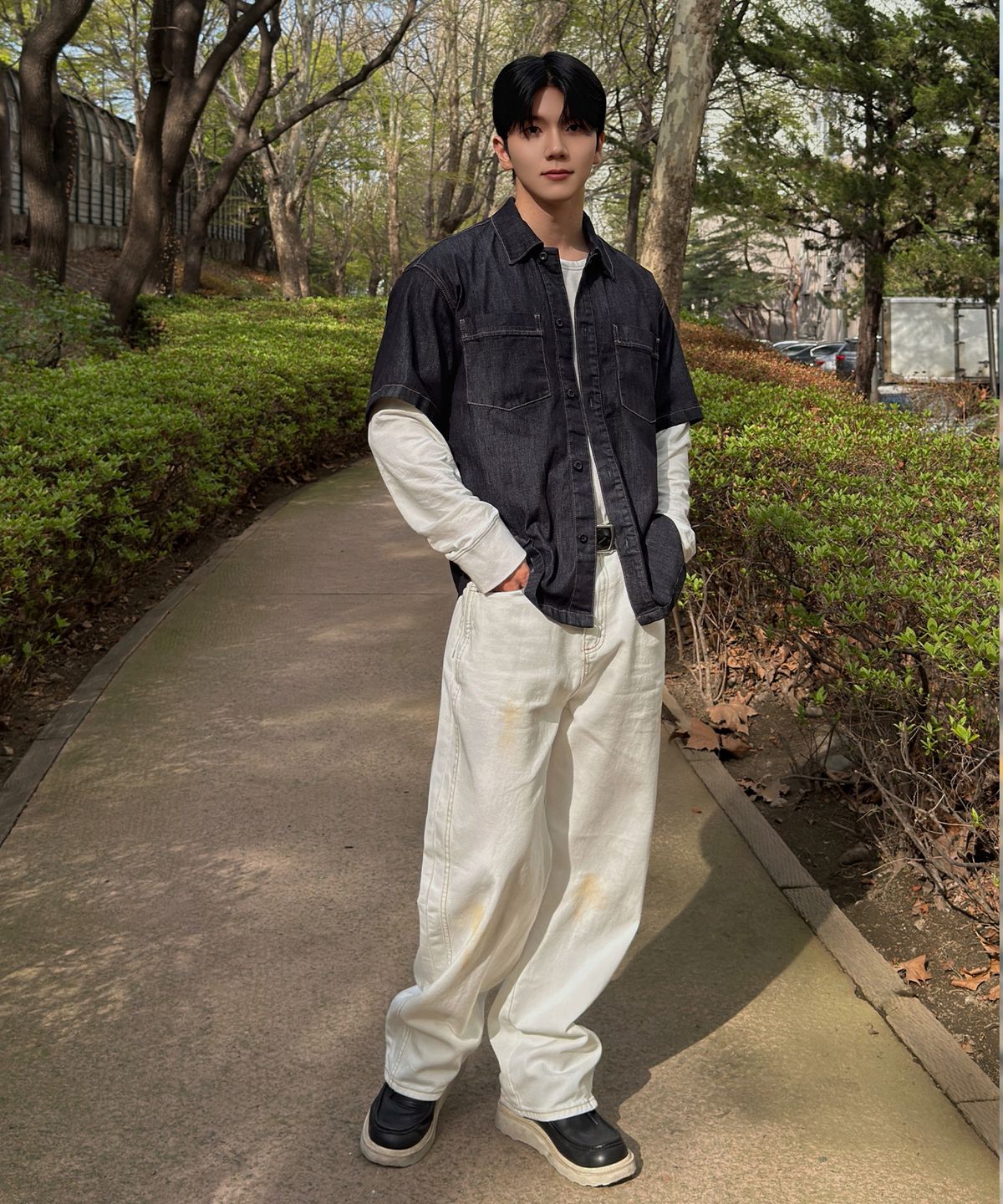 마인드브릿지(MINDBRIDGE) [SET][COUTURE]7oz논페이드 인디고 데님 오버핏 반팔 셔츠 셋업