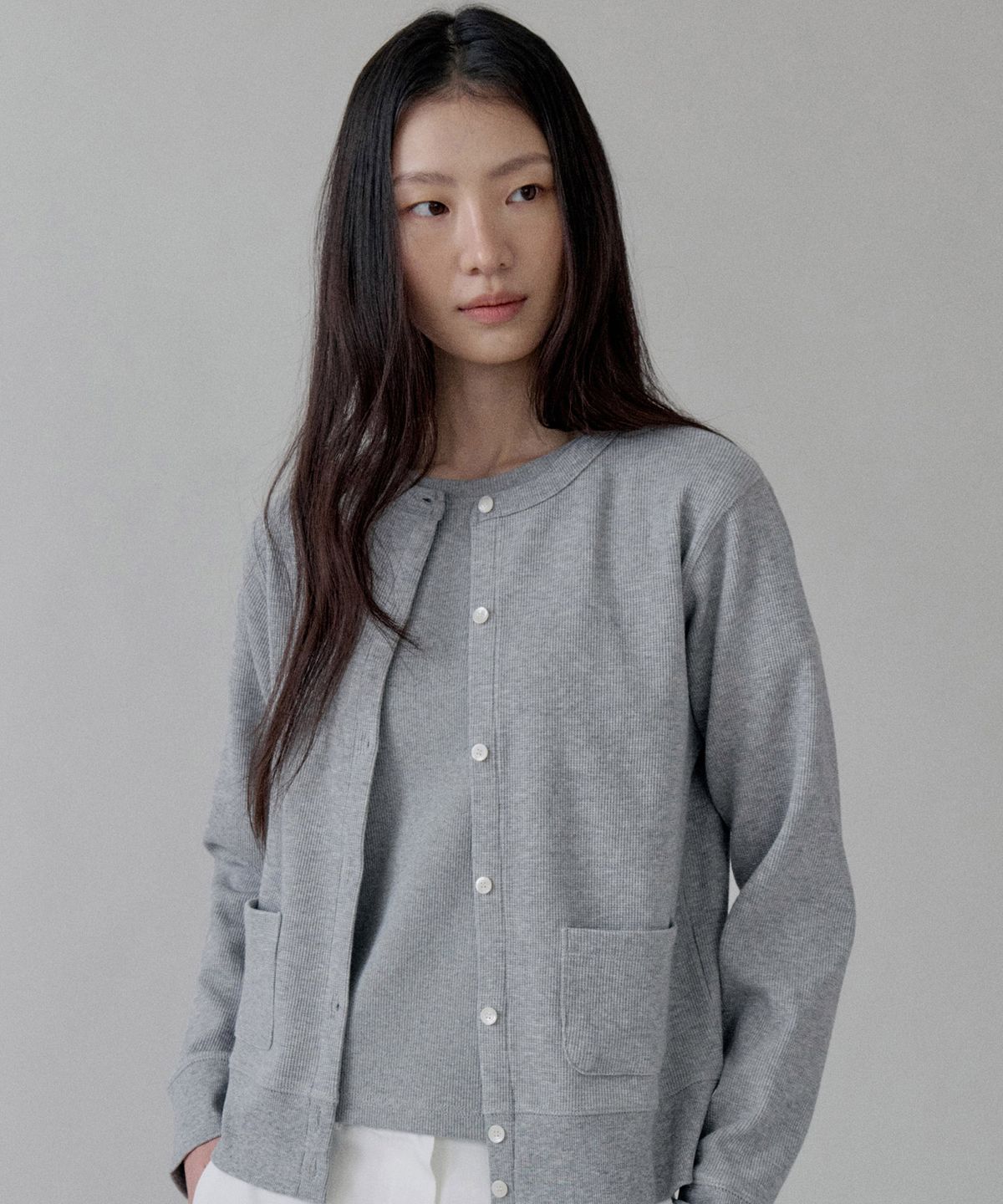 스텝어라운드(STEP AROUND) Waffle Cotton Jersey Cardigan_MELANGE