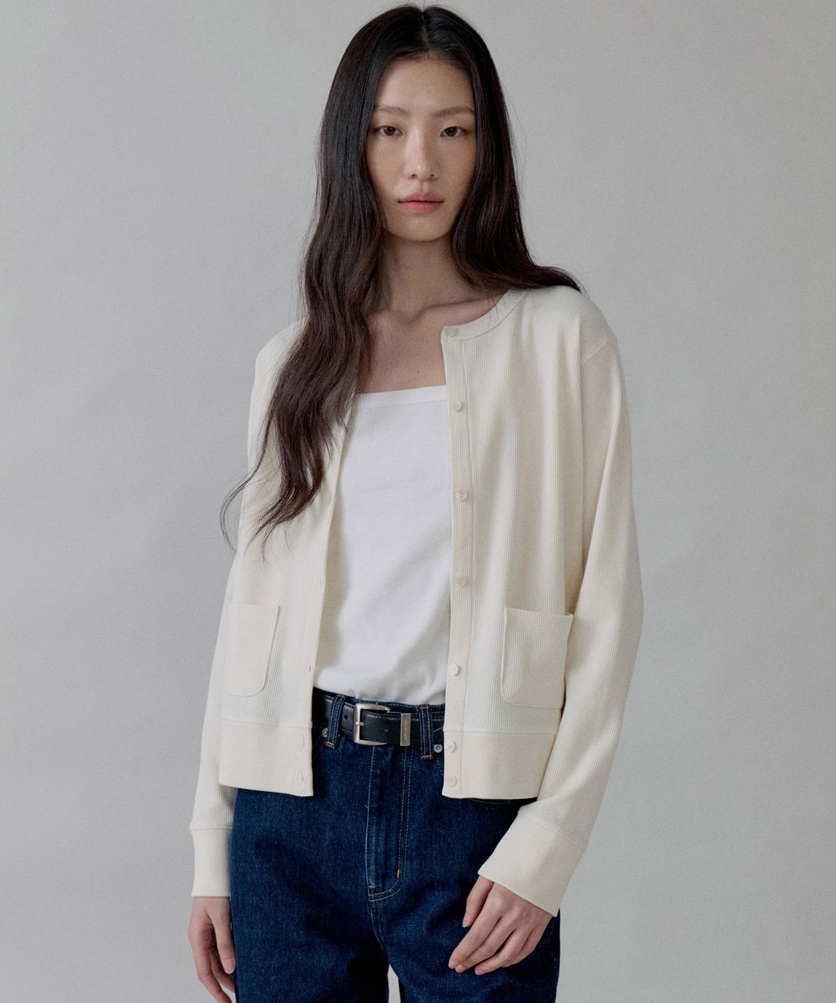 스텝어라운드(STEP AROUND) Waffle Cotton Jersey Cardigan_IVORY