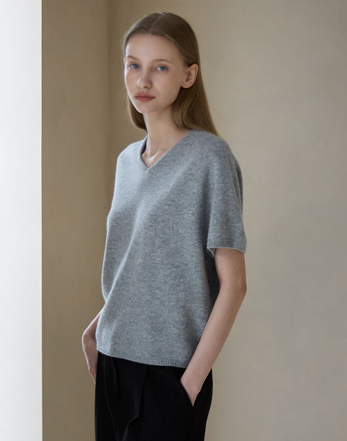 누토프(NUTOFFE) Wholegarment Wool Short Sleeve Knit_Gray