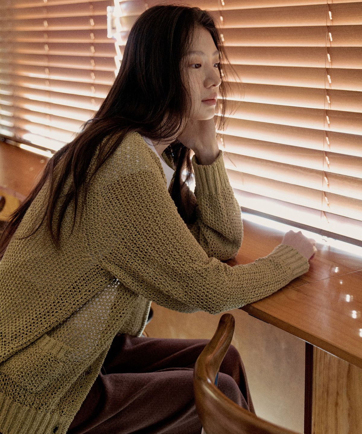 스텝어라운드(STEP AROUND) Net Cotton Cardigan_OLIVE