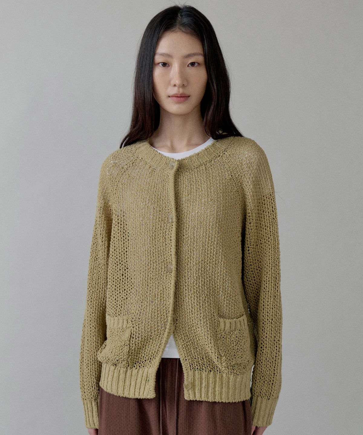 스텝어라운드(STEP AROUND) Net Cotton Cardigan_OLIVE