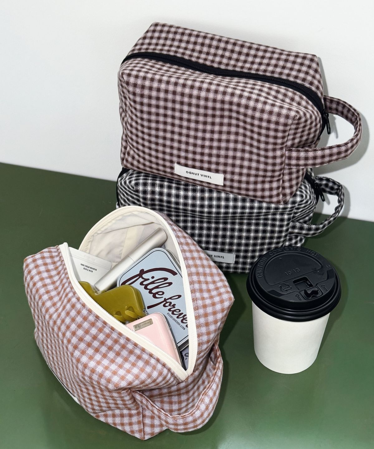 도넛바이닐샵(DONUTVINYLSHOP) check handle cube pouch - L Size (5colors)
