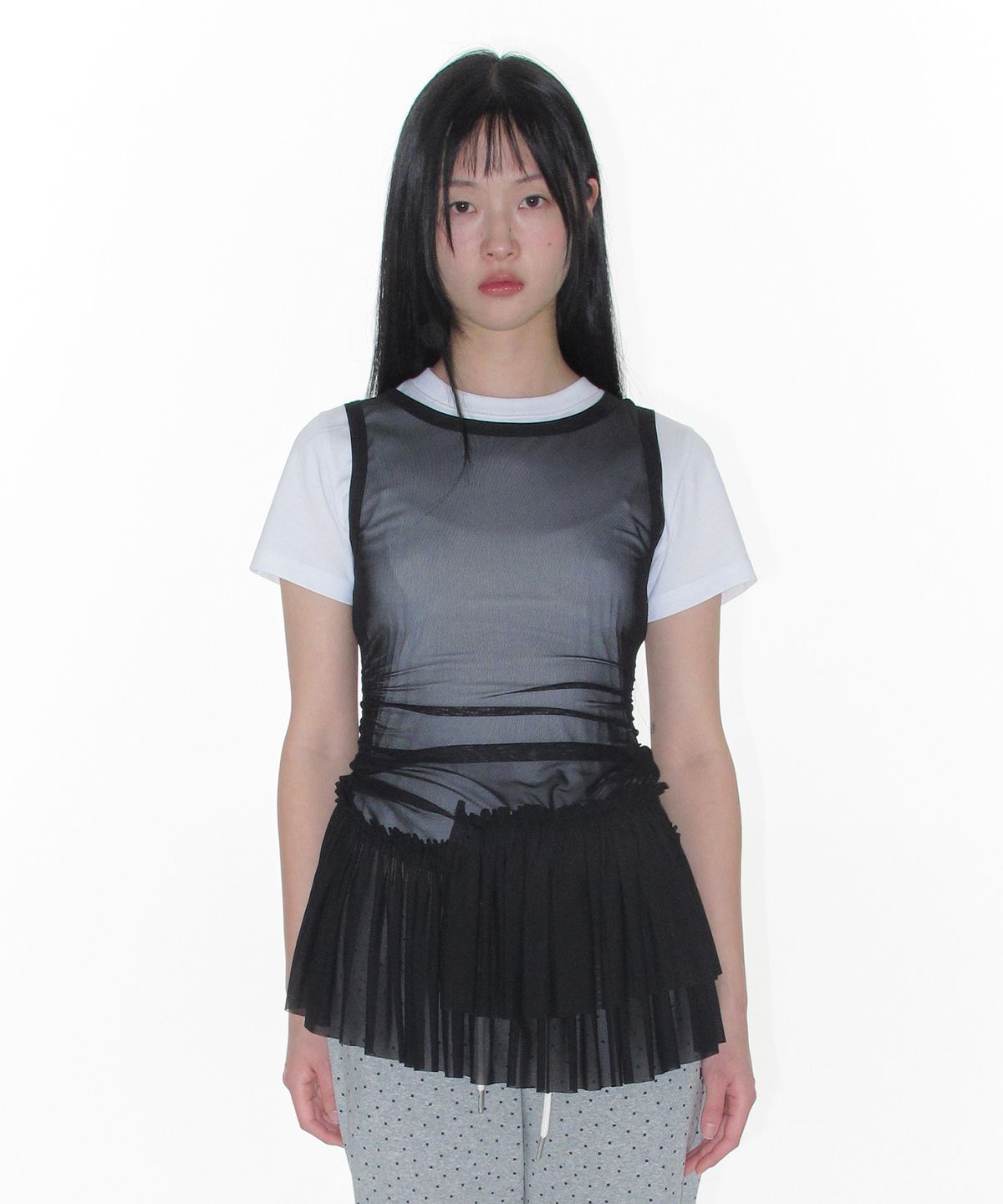 아메스 월드와이드(AMES-WORLDWIDE) MESH SHIRRING MINI DRESS BLACK