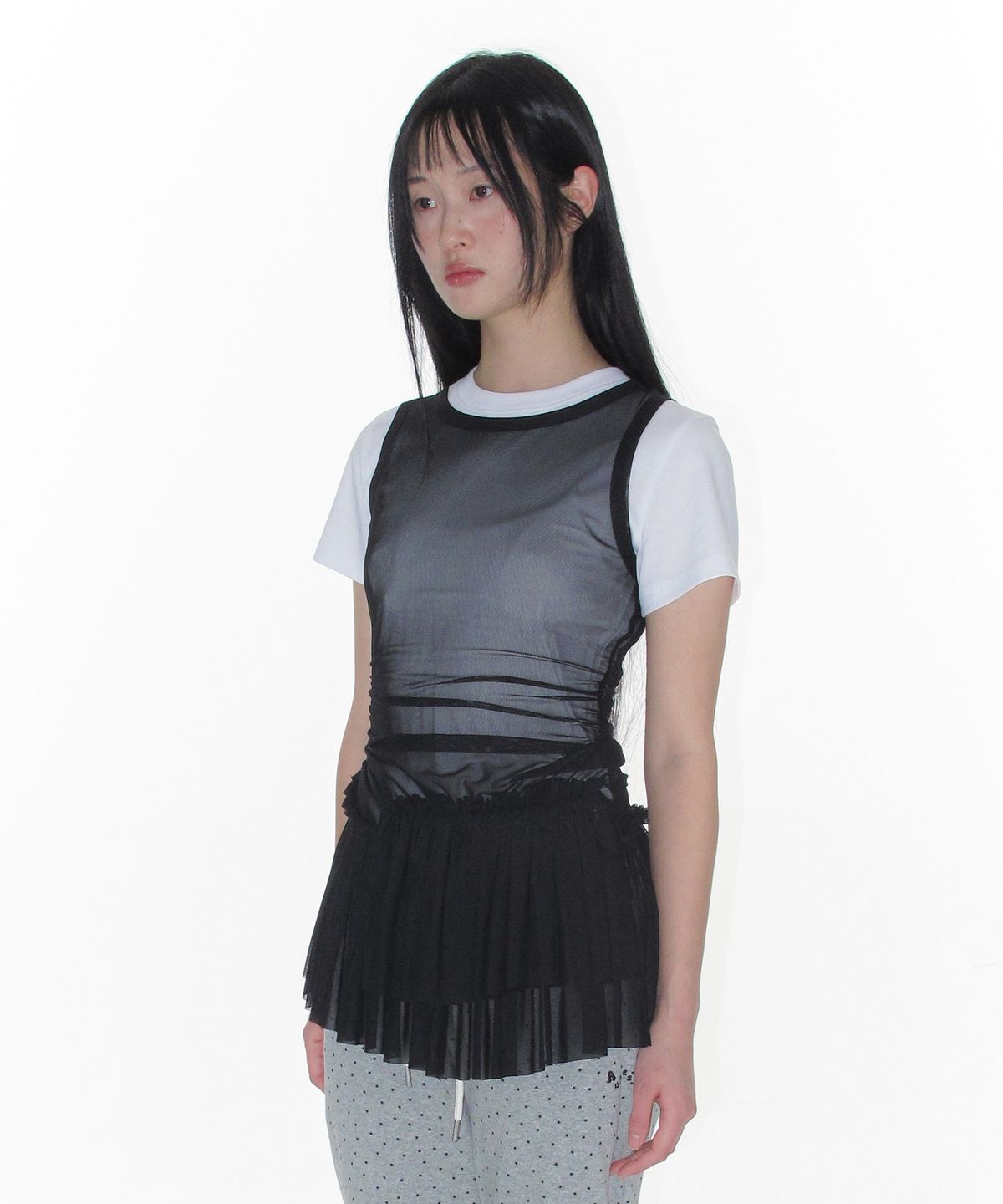 아메스 월드와이드(AMES-WORLDWIDE) MESH SHIRRING MINI DRESS BLACK