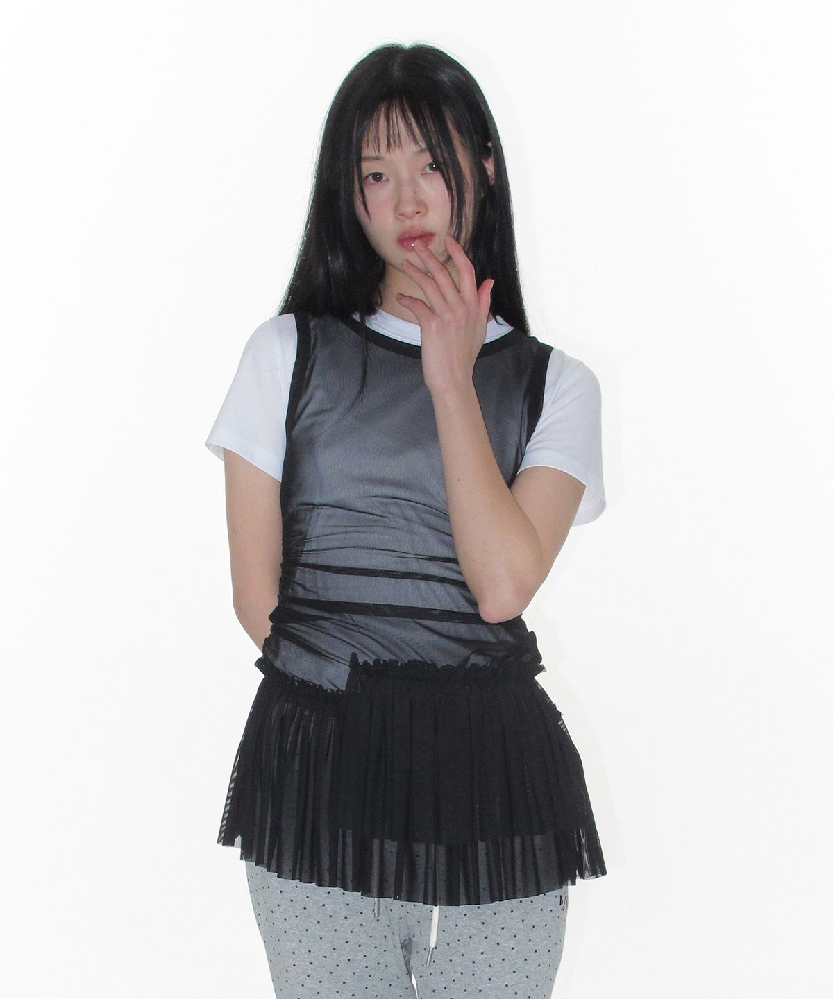 아메스 월드와이드(AMES-WORLDWIDE) MESH SHIRRING MINI DRESS BLACK
