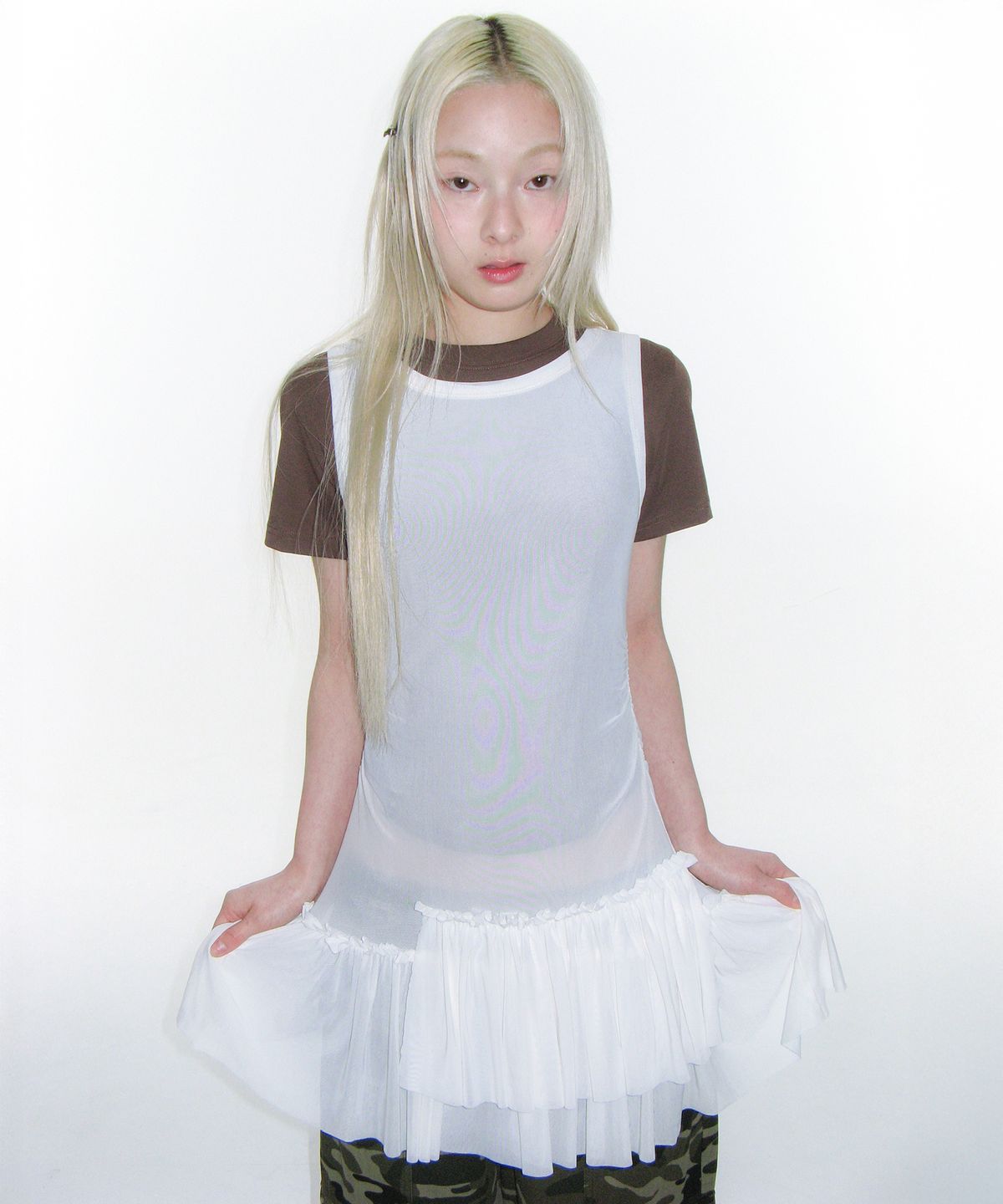 아메스 월드와이드(AMES-WORLDWIDE) MESH SHIRRING MINI DRESS IVORY