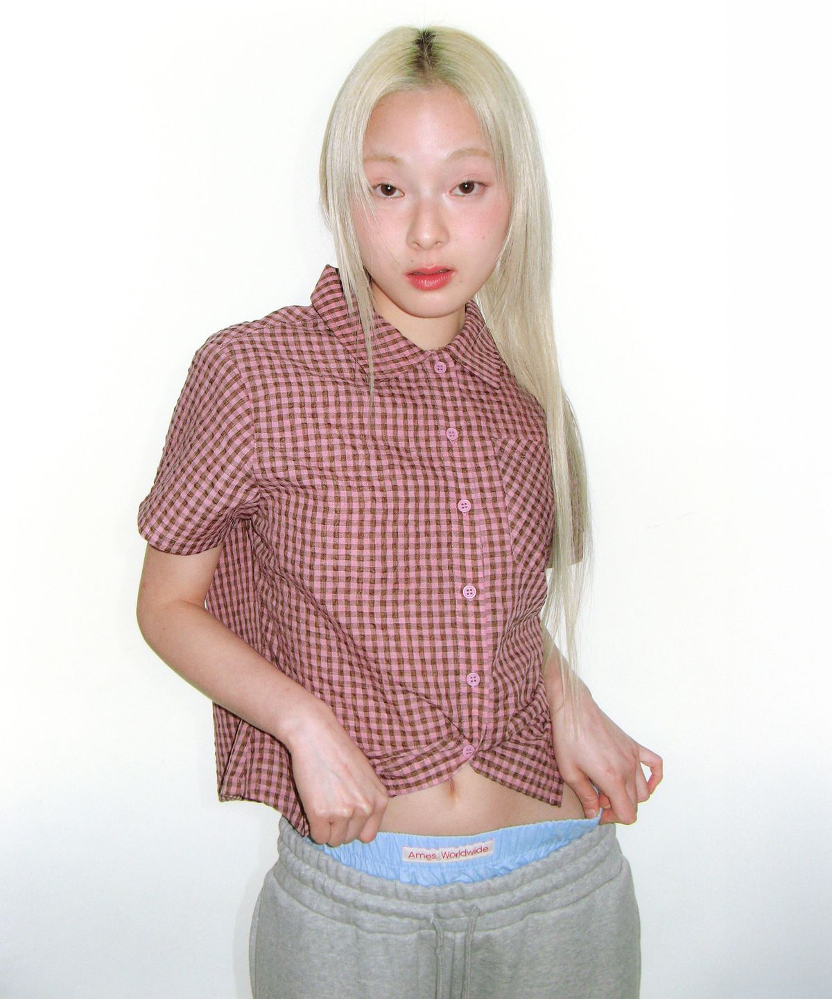 아메스 월드와이드(AMES-WORLDWIDE) WRINKLED CHECK SHORT SLEEVE SHIRTS PINK