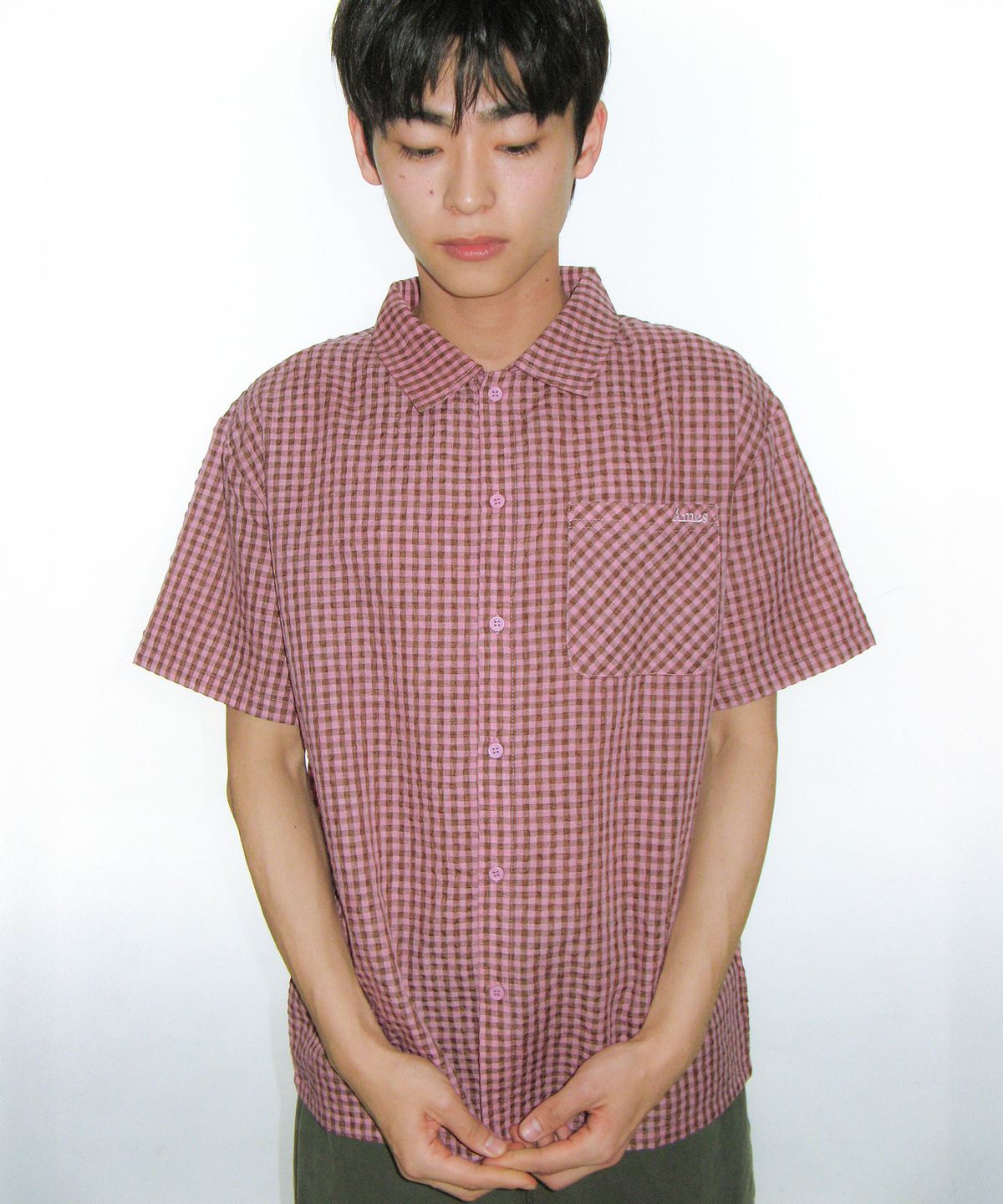 아메스 월드와이드(AMES-WORLDWIDE) WRINKLED CHECK SHORT SLEEVE SHIRTS PINK