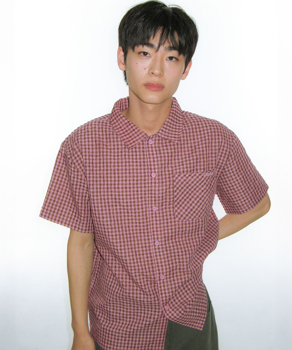 아메스 월드와이드(AMES-WORLDWIDE) WRINKLED CHECK SHORT SLEEVE SHIRTS PINK