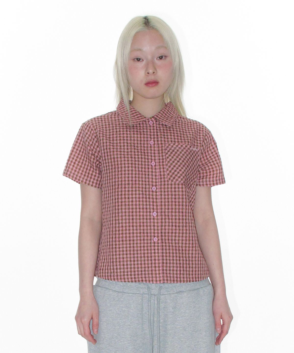 아메스 월드와이드(AMES-WORLDWIDE) WRINKLED CHECK SHORT SLEEVE SHIRTS PINK