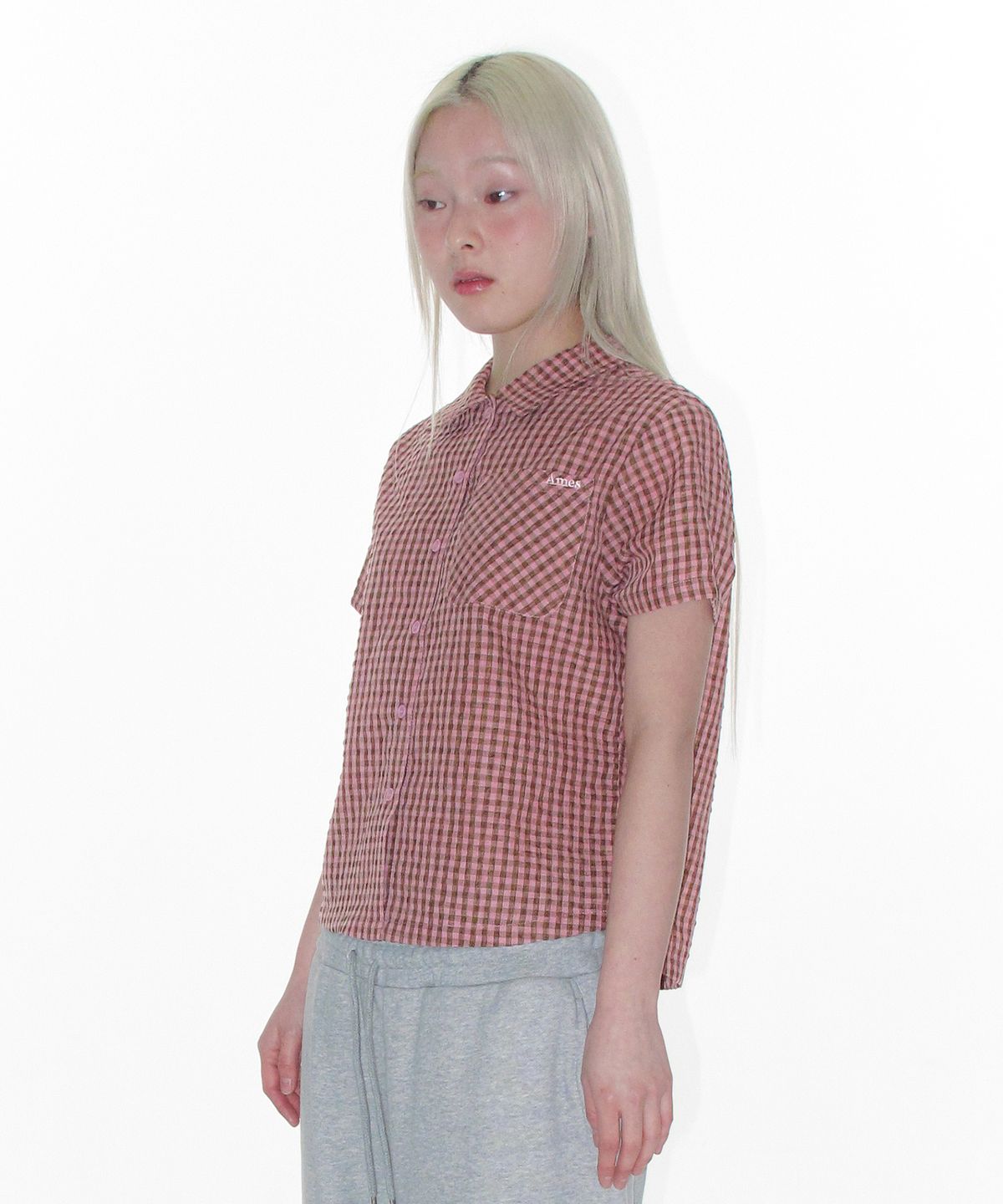 아메스 월드와이드(AMES-WORLDWIDE) WRINKLED CHECK SHORT SLEEVE SHIRTS PINK