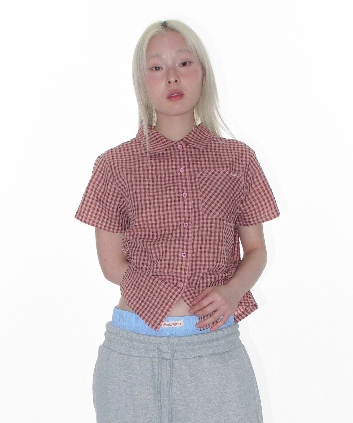 아메스 월드와이드(AMES-WORLDWIDE) WRINKLED CHECK SHORT SLEEVE SHIRTS PINK