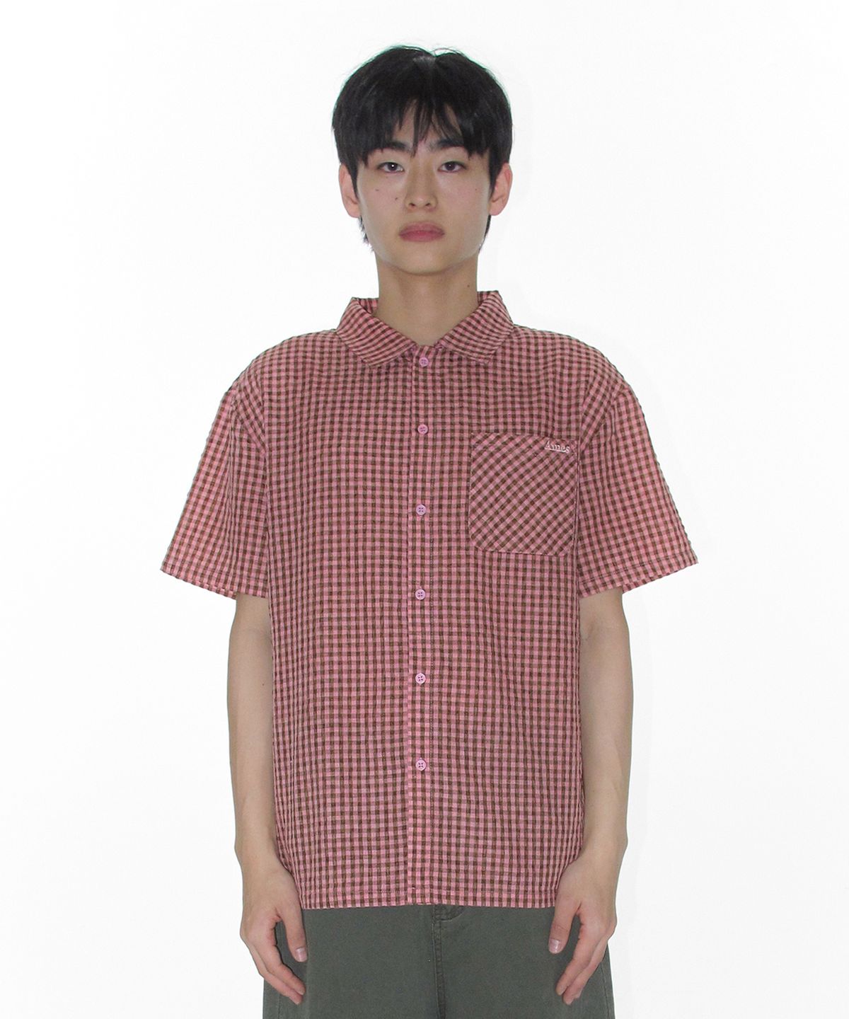 아메스 월드와이드(AMES-WORLDWIDE) WRINKLED CHECK SHORT SLEEVE SHIRTS PINK
