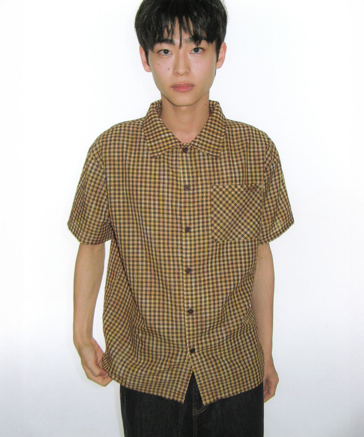 아메스 월드와이드(AMES-WORLDWIDE) WRINKLED CHECK SHORT SLEEVE SHIRTS BROWN
