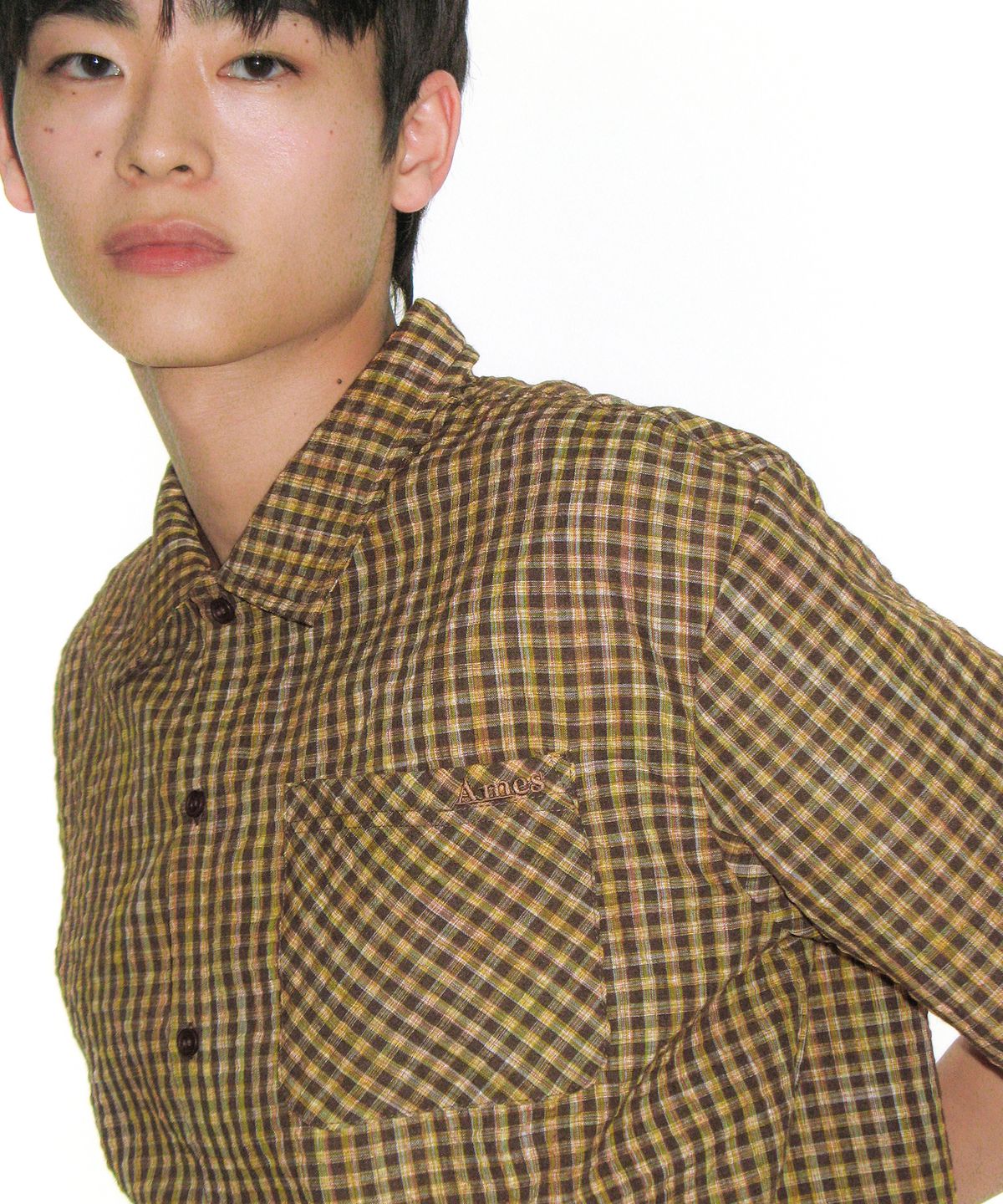 아메스 월드와이드(AMES-WORLDWIDE) WRINKLED CHECK SHORT SLEEVE SHIRTS BROWN