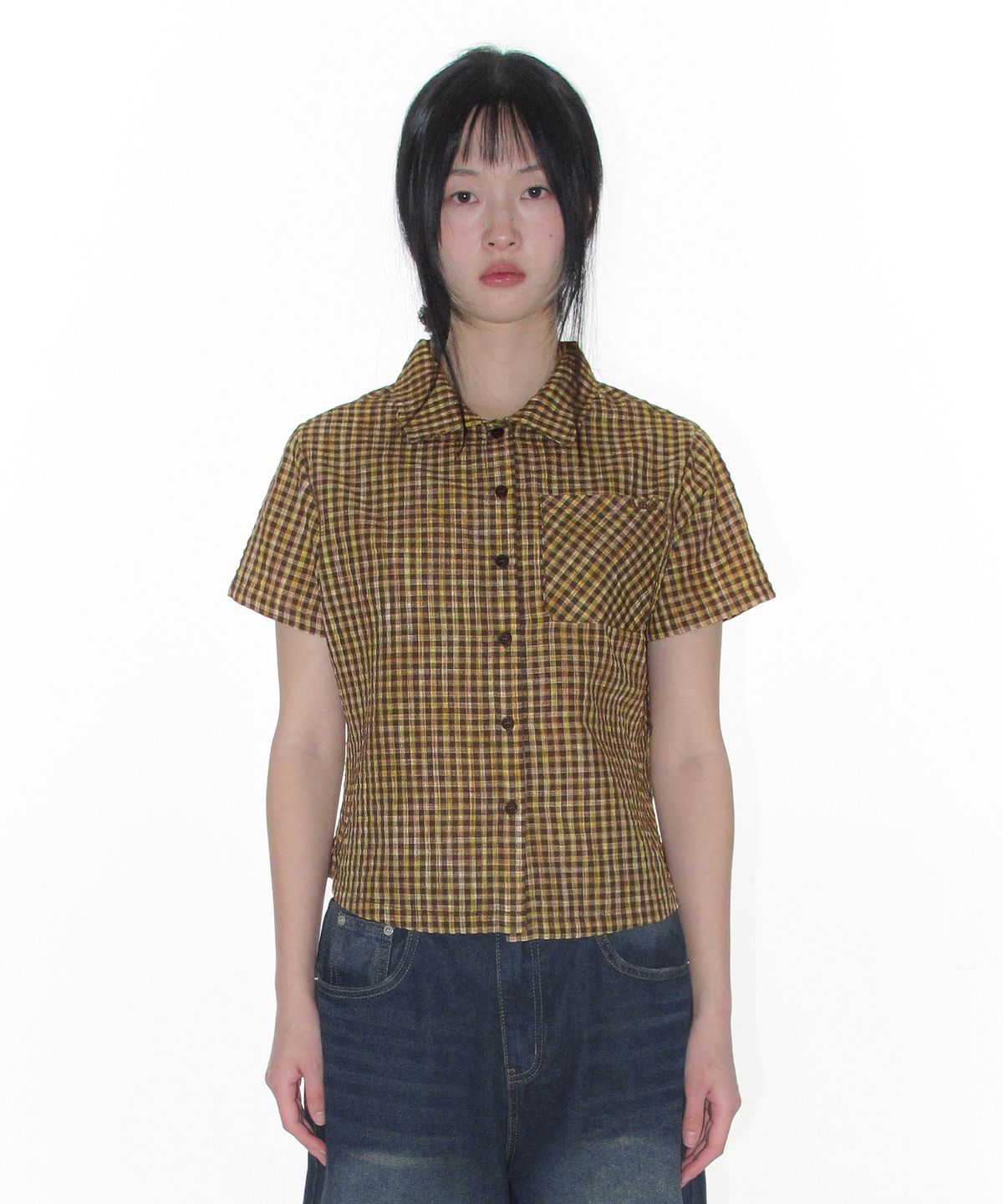 아메스 월드와이드(AMES-WORLDWIDE) WRINKLED CHECK SHORT SLEEVE SHIRTS BROWN