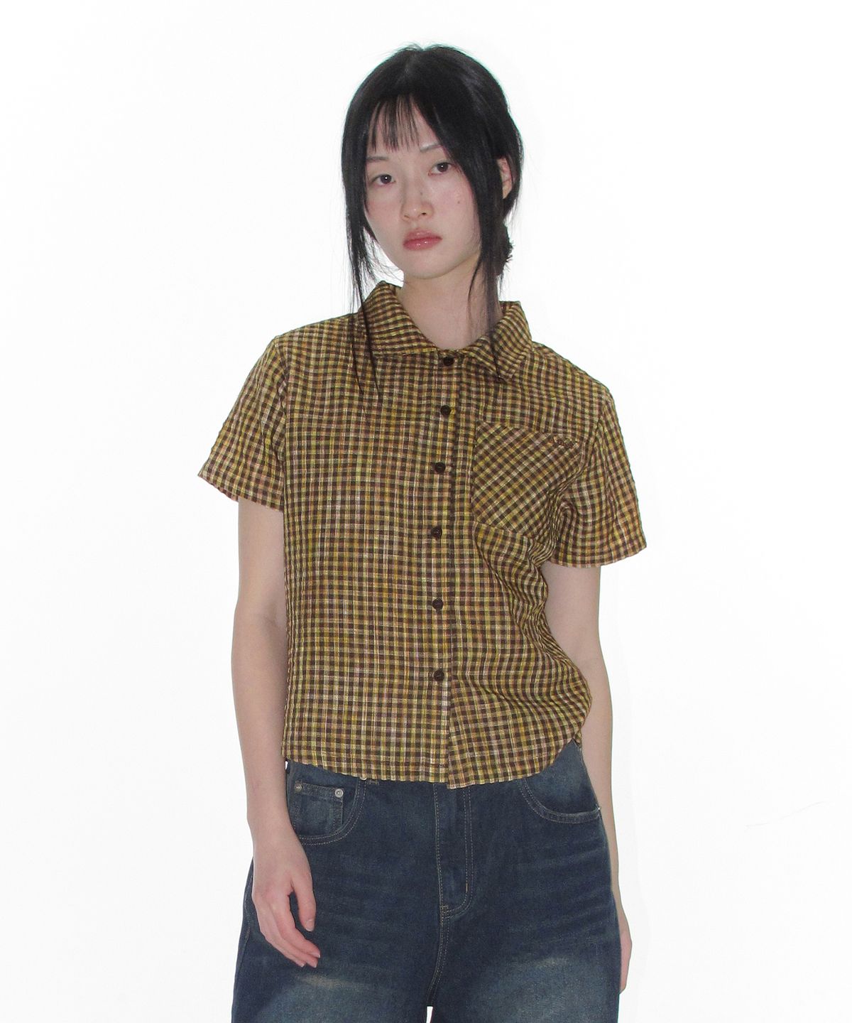 아메스 월드와이드(AMES-WORLDWIDE) WRINKLED CHECK SHORT SLEEVE SHIRTS BROWN