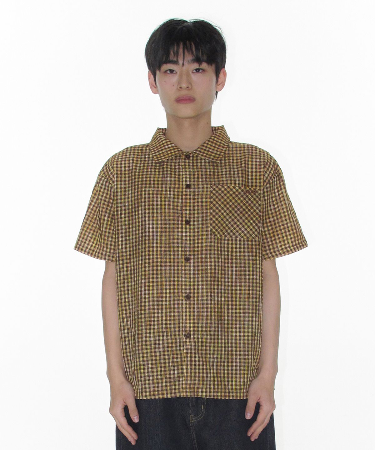 아메스 월드와이드(AMES-WORLDWIDE) WRINKLED CHECK SHORT SLEEVE SHIRTS BROWN