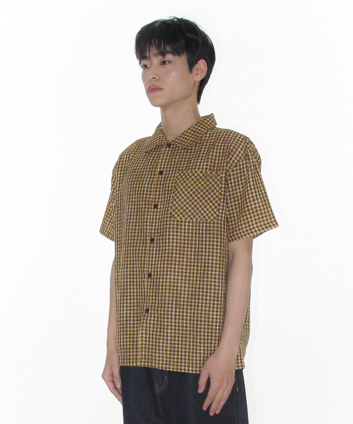아메스 월드와이드(AMES-WORLDWIDE) WRINKLED CHECK SHORT SLEEVE SHIRTS BROWN