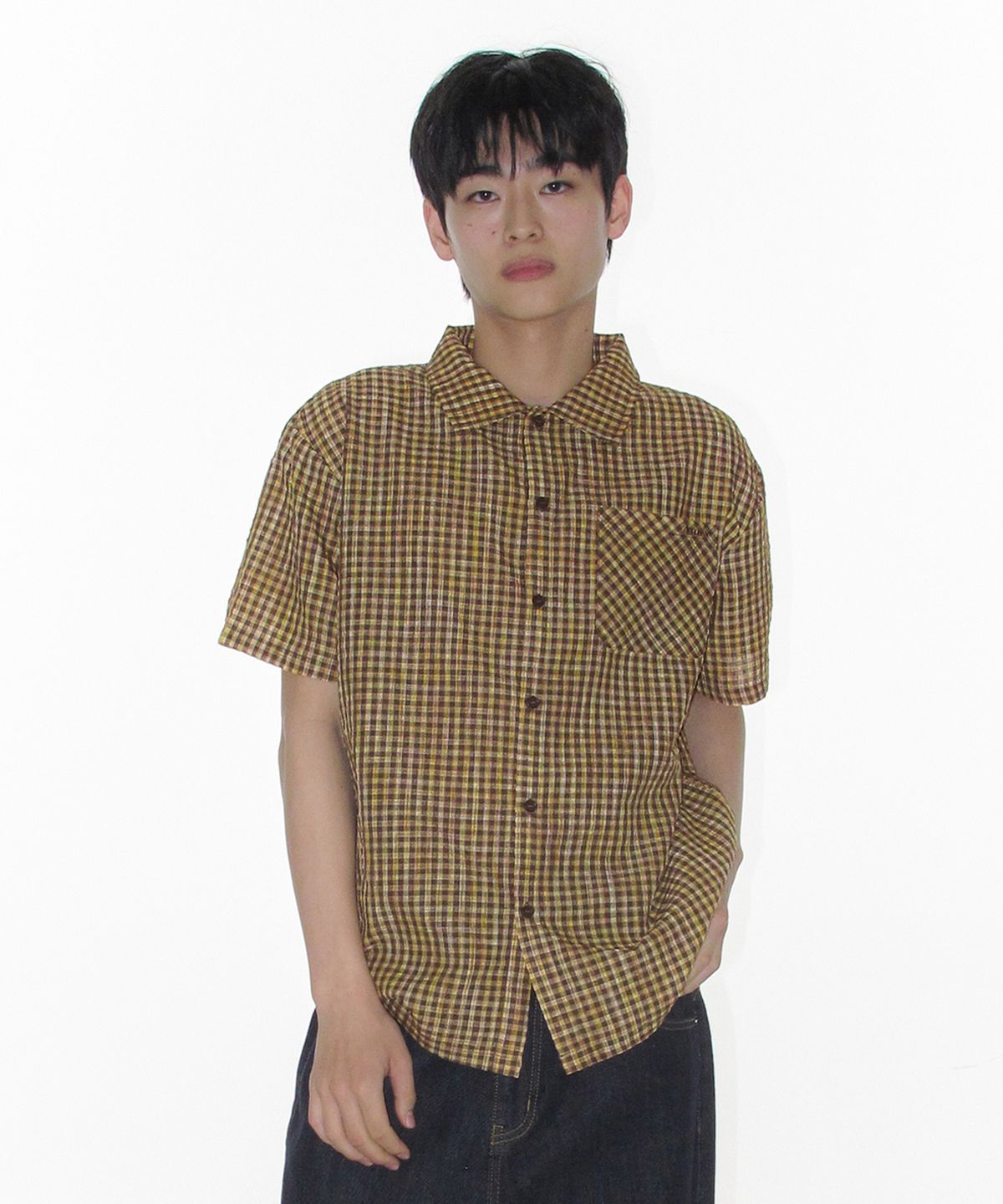 아메스 월드와이드(AMES-WORLDWIDE) WRINKLED CHECK SHORT SLEEVE SHIRTS BROWN