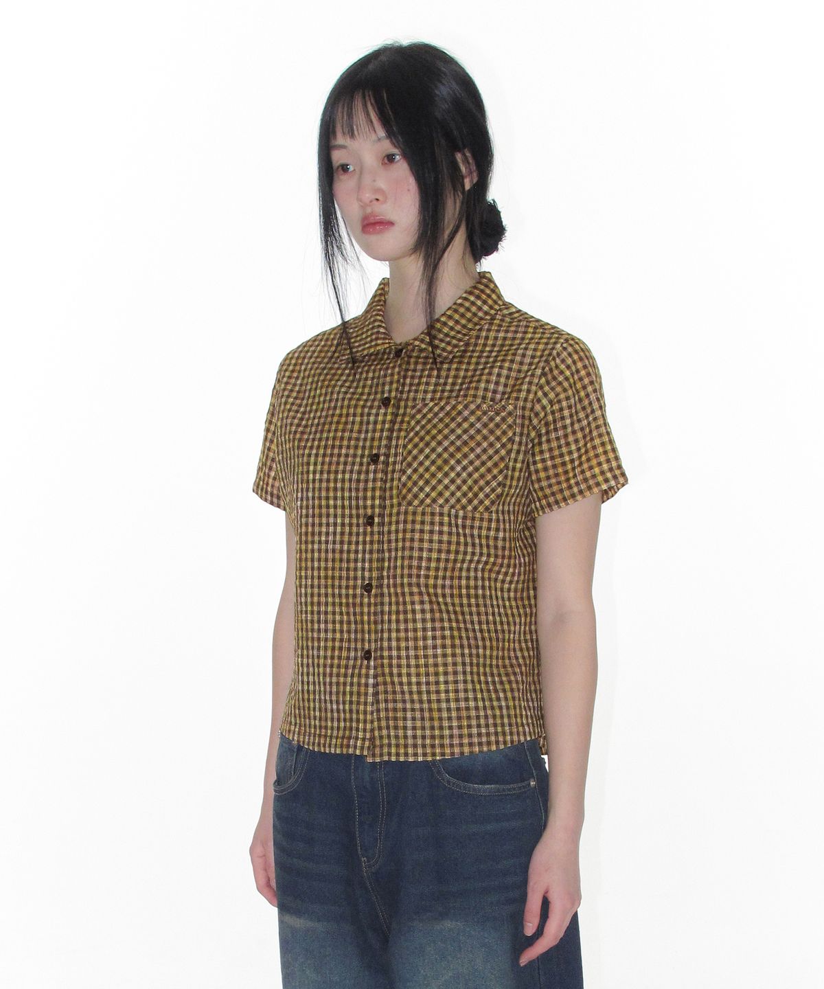 아메스 월드와이드(AMES-WORLDWIDE) WRINKLED CHECK SHORT SLEEVE SHIRTS BROWN