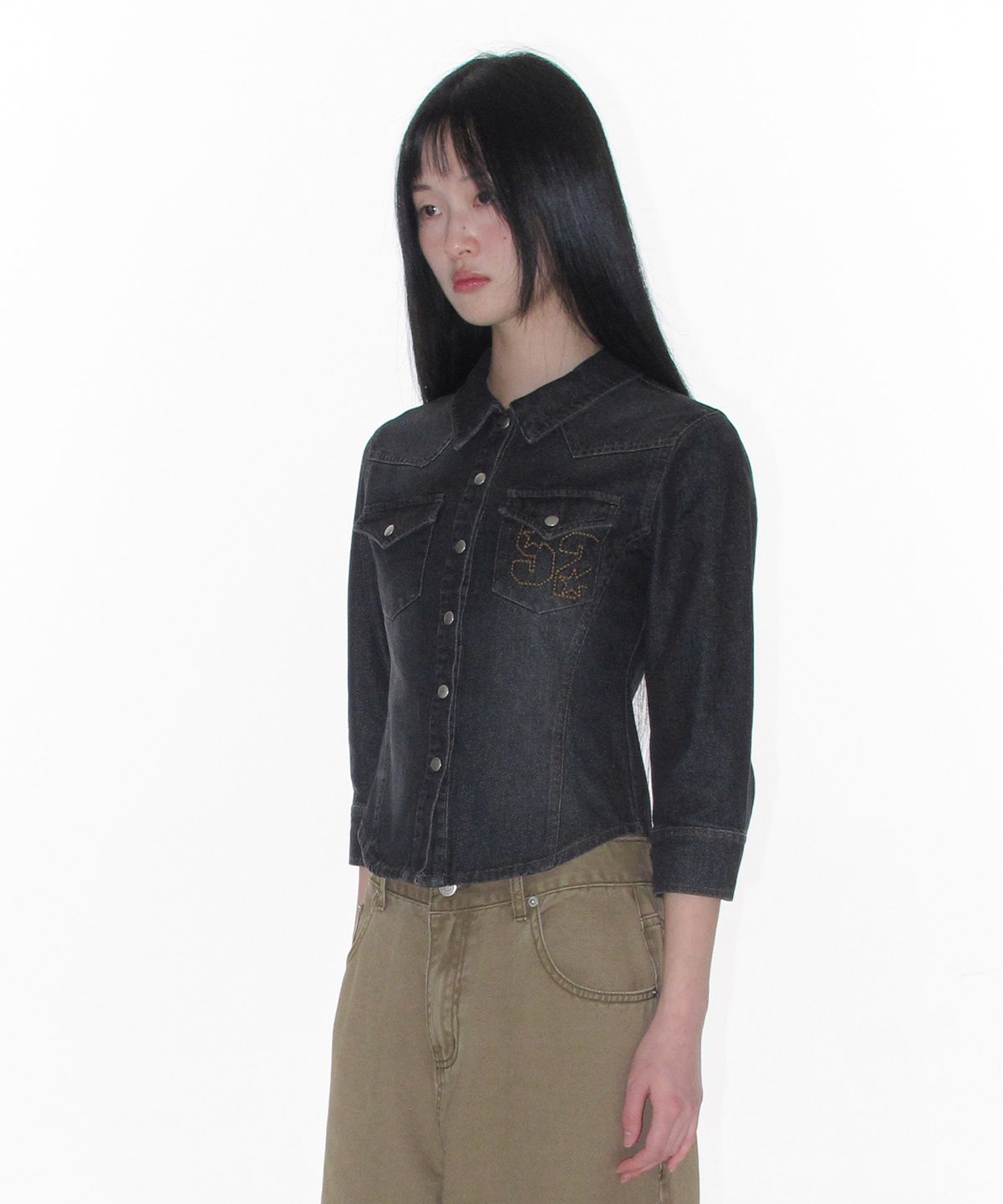 아메스 월드와이드(AMES-WORLDWIDE) 3/4 SLEEVE DENIM SHIRTS BLACK