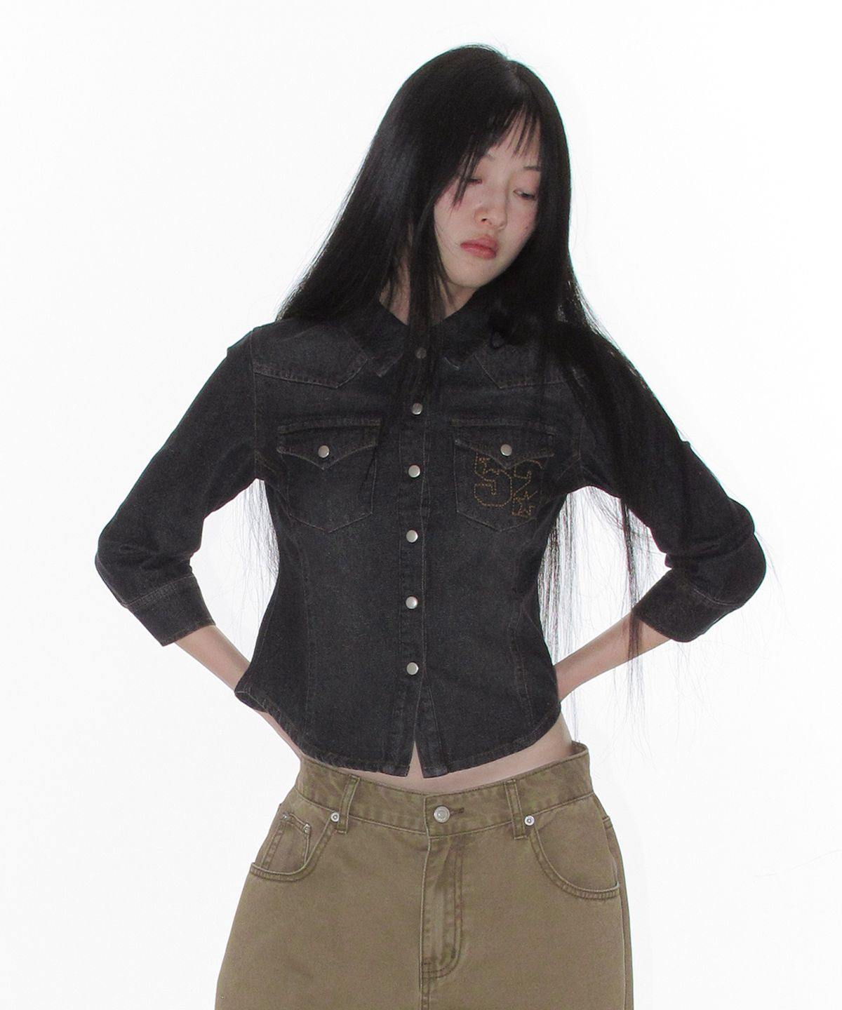 아메스 월드와이드(AMES-WORLDWIDE) 3/4 SLEEVE DENIM SHIRTS BLACK