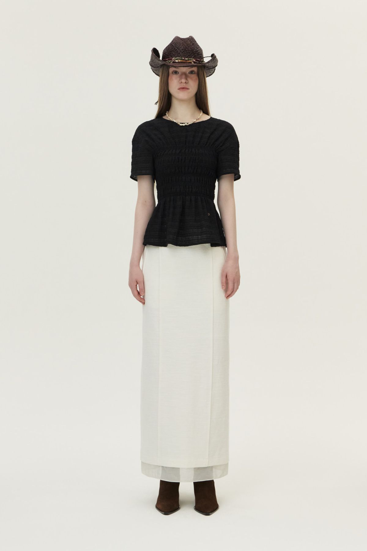 쿠메(KUMÉ) Smocked Checkered Blouse, Black