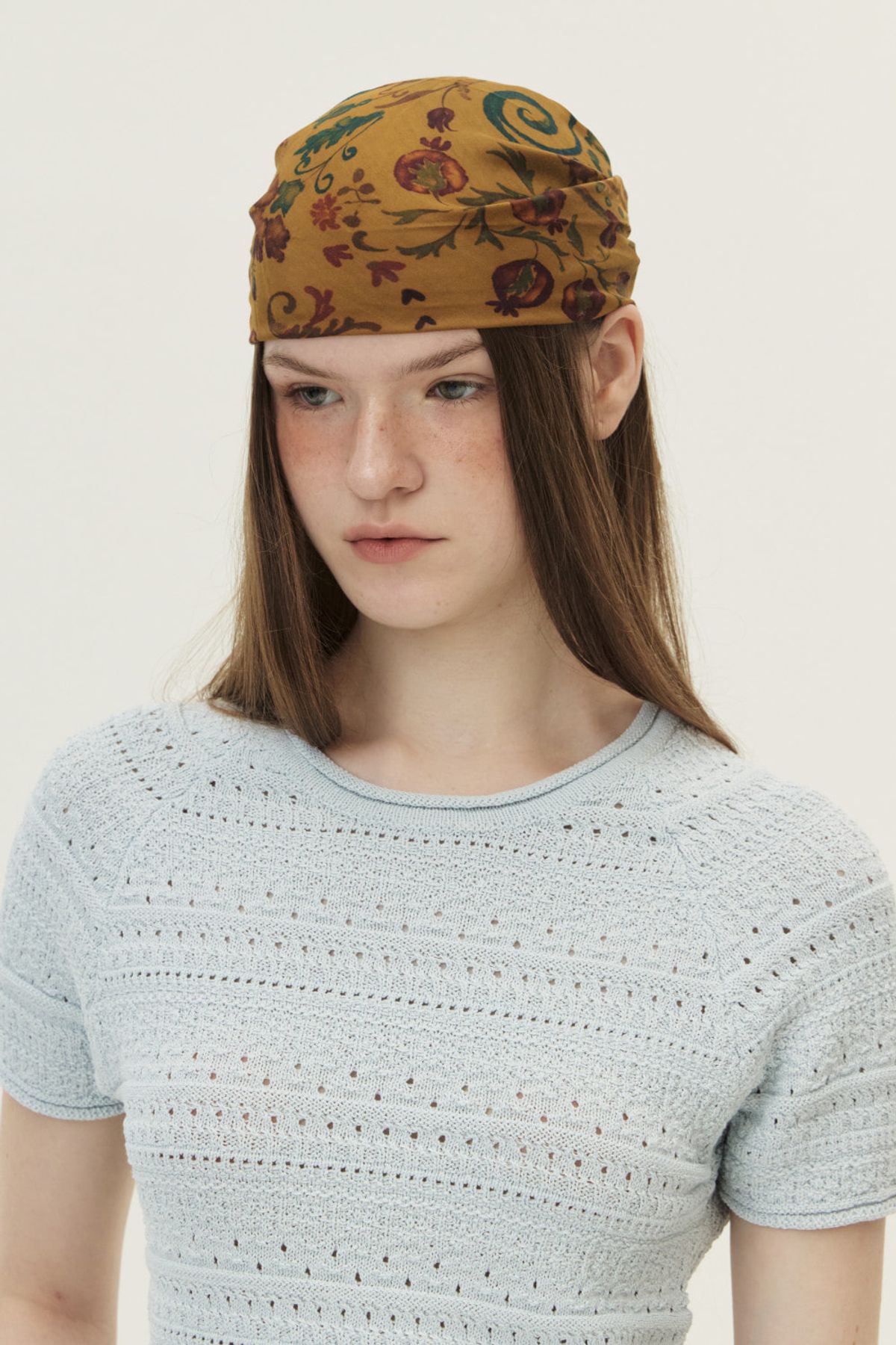 쿠메(KUMÉ) Crochet Short Sleeved Sweater, Light Blue